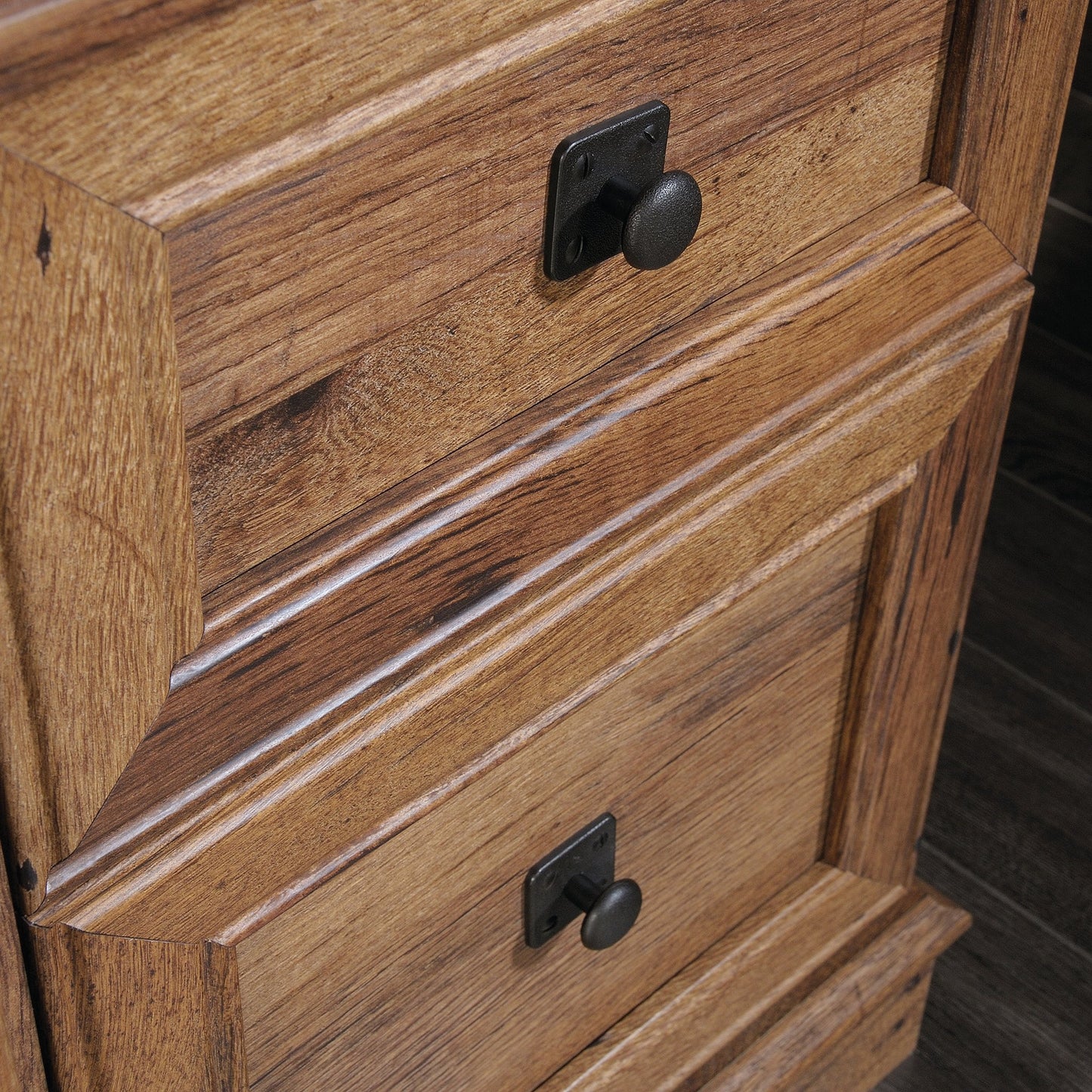 Sauder Palladia L Shaped Desk with Drawers, Office Desk with File Cabinet Storage, Cable Management, Keyboard Tray, in Vintage Oak Finish