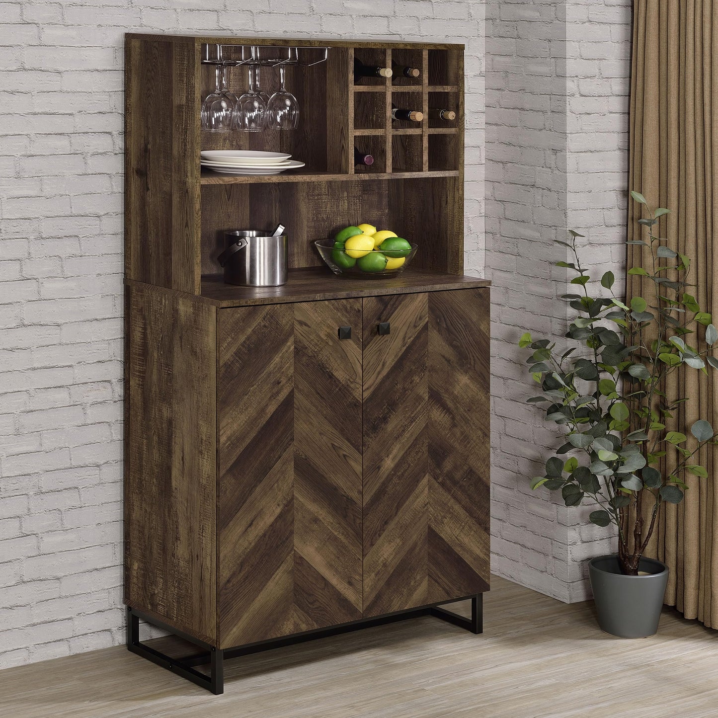 Coaster Home Furnishings - Mendoza - Wood & Metal 2-Door Home Bar Cabinet - Wine Storage with Herringbone Pattern & Stemware Rack - Farmhouse - Dining Room & Home Bar - Rustic Oak - 182082