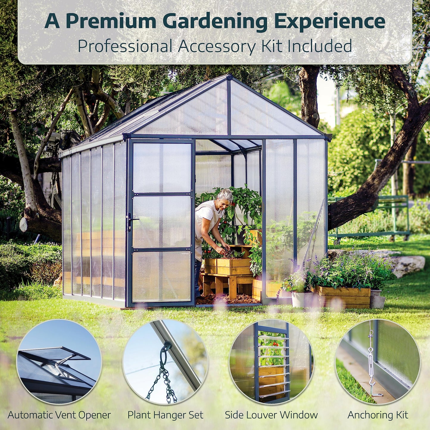Palram - Canopia Glory 8 Ft. x 12 Ft. Greenhouse Kit Hobby DIY Walk In Green House Heavy Duty Polycarbonate with Aluminium Frame, with Lockable Door and Vent for Garden, Backyard (Gray)