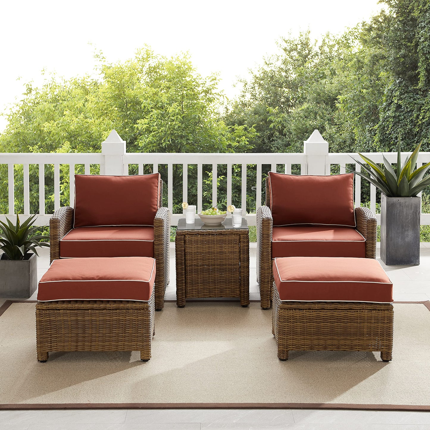 Crosley Furniture Bradenton 5-Piece Outdoor Chair Patio Furniture Set, Wicker Conversation Sets for Porch, Weathered Brown with Sangria Cushions