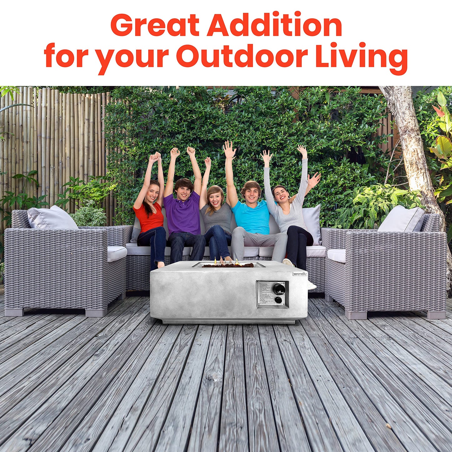 Outdoor Propane Fire Pit Table - CSA/ETL Certified Safe 40,000 Pulse Ignition Weatherproof Square Propane Gas Fire Table - Adjustable Flame, Thermocouple - PVC Cover, Lava Rock - SereneLife SLFPLG9