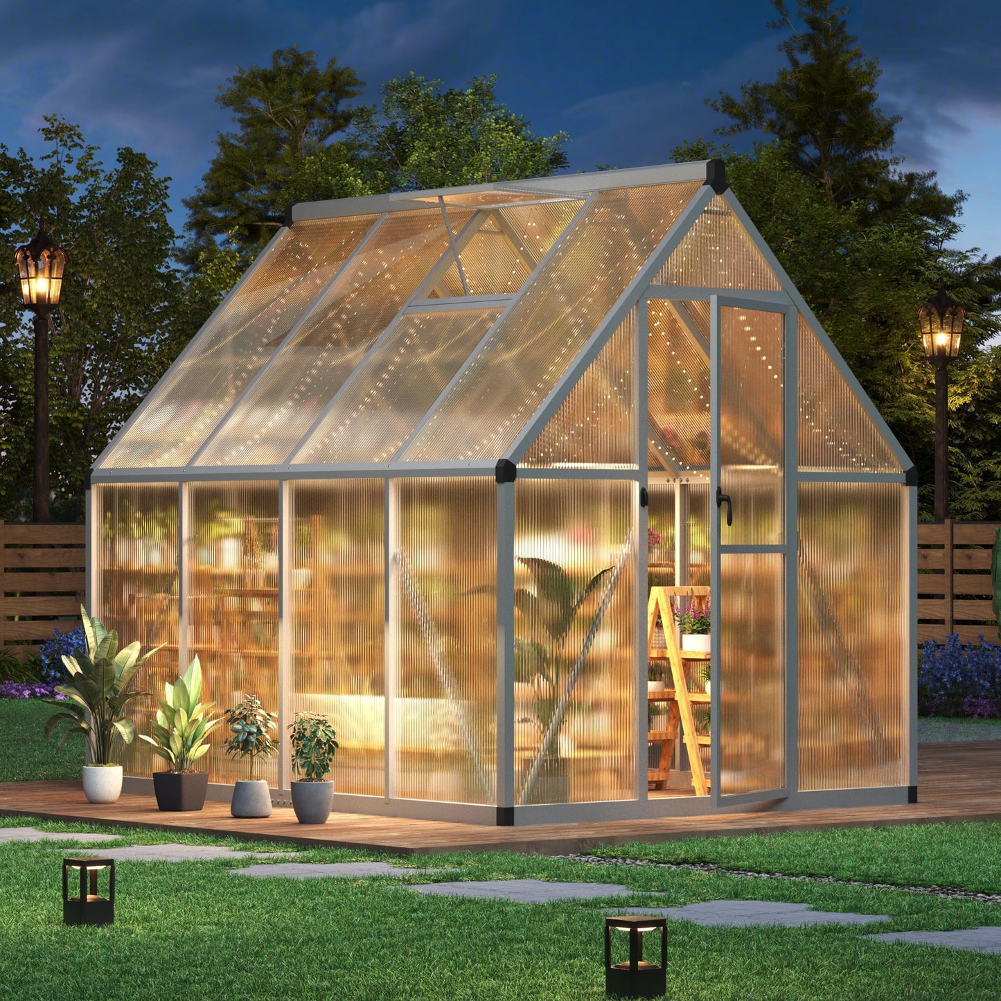 6x7FT Polycarbonate Greenhouse Kit for Outdoors – Sturdy Aluminum Frame, UV Protection, Lockable Door, Walk-in Design, Roof Vent, Easy Assembly for Garden, Patio, or Backyard