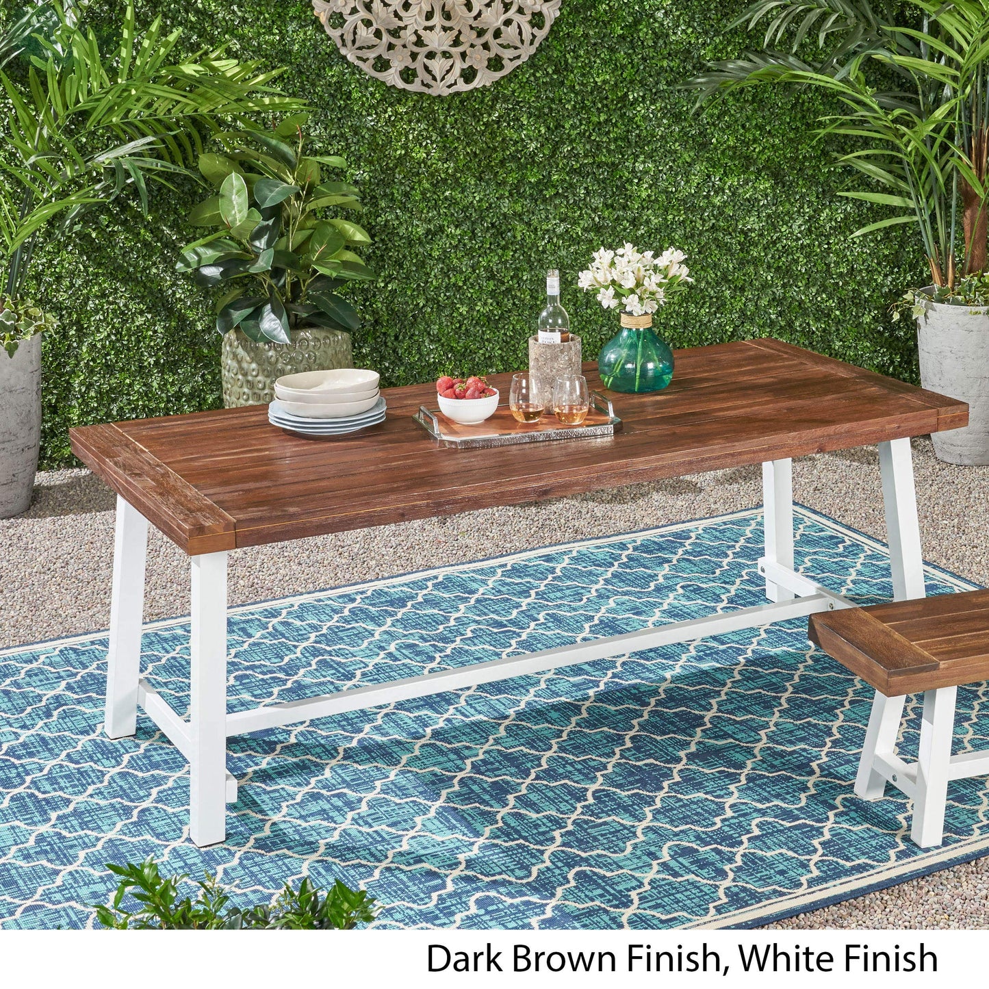 Outdoor Eight Seater Iron Dining Table, Dark Brown and White Finish