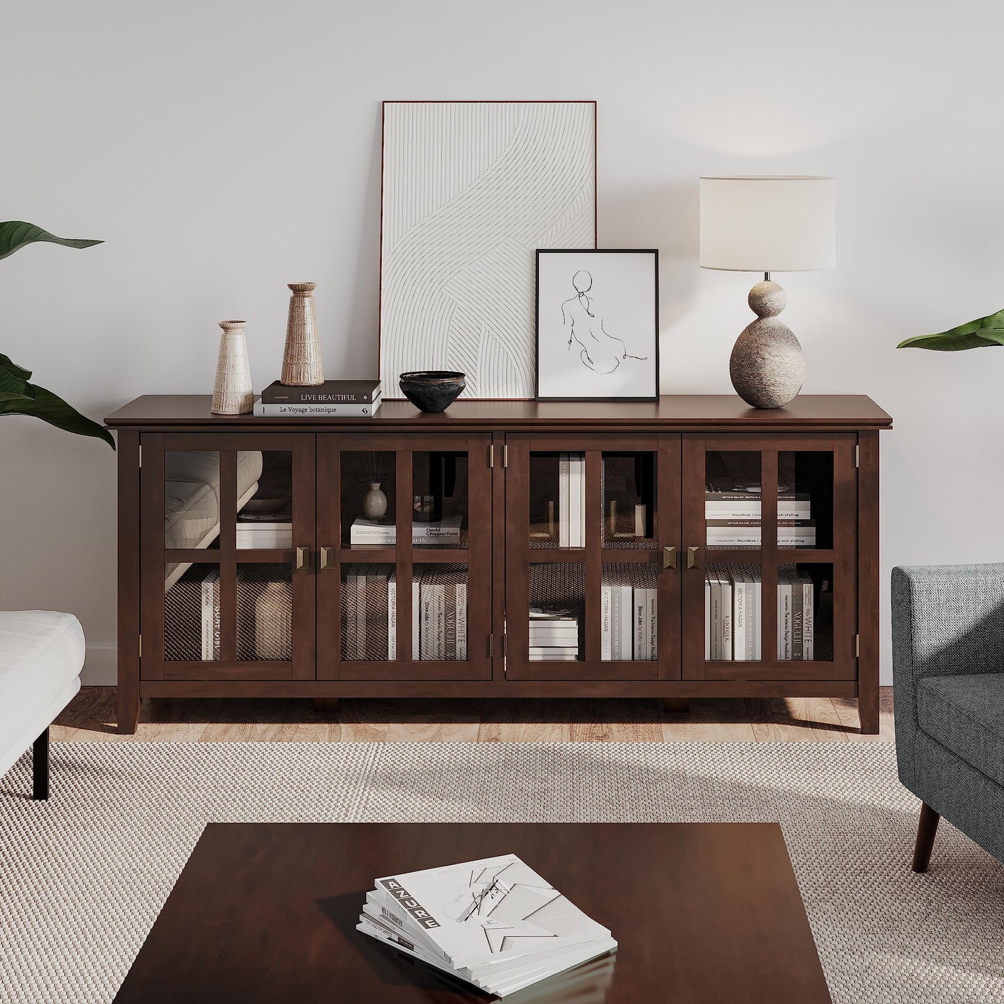 SIMPLIHOME Artisan Storage Cabinet - 66 inch Wide Solid Wood 4-Door Sideboard Cabinet in Russet Brown, Contemporary Buffet for Living Room or Dining Room with Glass Doors and Adjustable Shelves