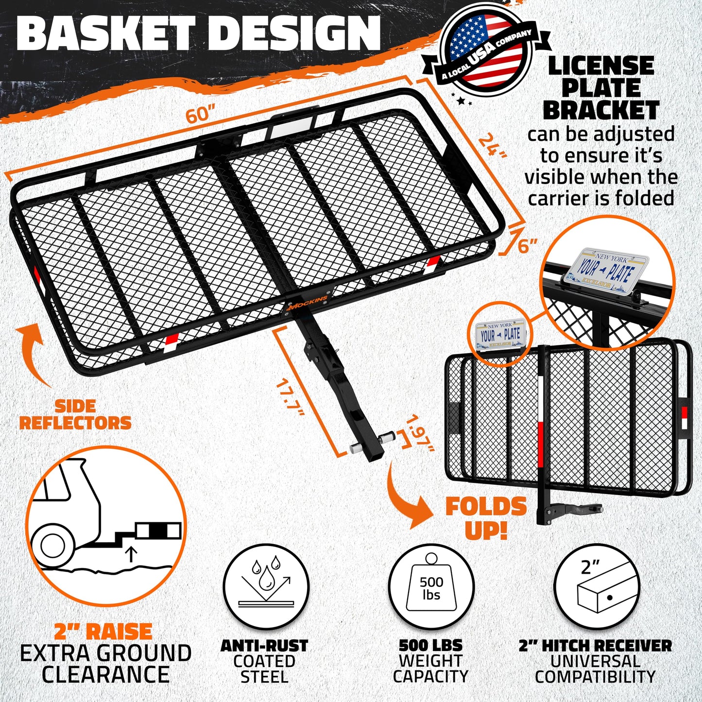 Mockins 60"x24"x6" Heavy Duty Trailer Hitch Cargo Carrier w/ 500 Lbs. Cap