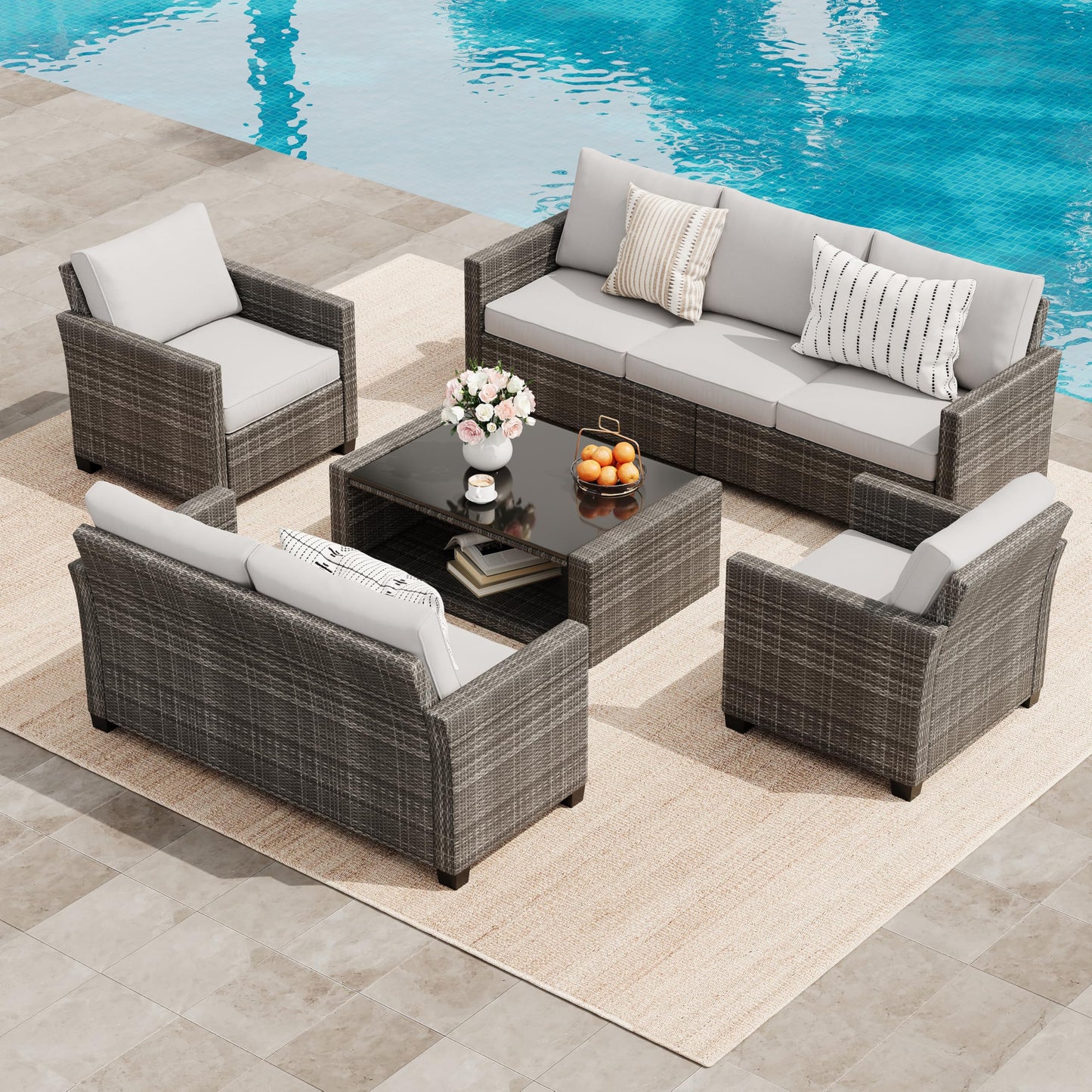 GarveeLife 5 Pieces Patio Furniture Set, 7-Seater Rattan Wicker Patio Conversation Sets with Coffee Table, Outdoor Sectional Patio Sofa Set, Grey Rattan and Grey Cushions