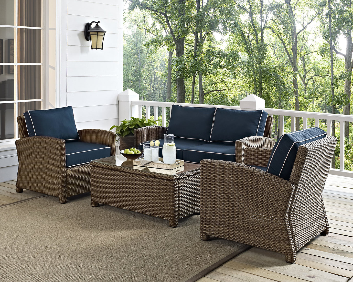 Crosley Furniture Bradenton 4-Piece Outdoor Loveseat Patio Furniture Set, Wicker Conversation Sets for Porch, Brown with Navy Cushions