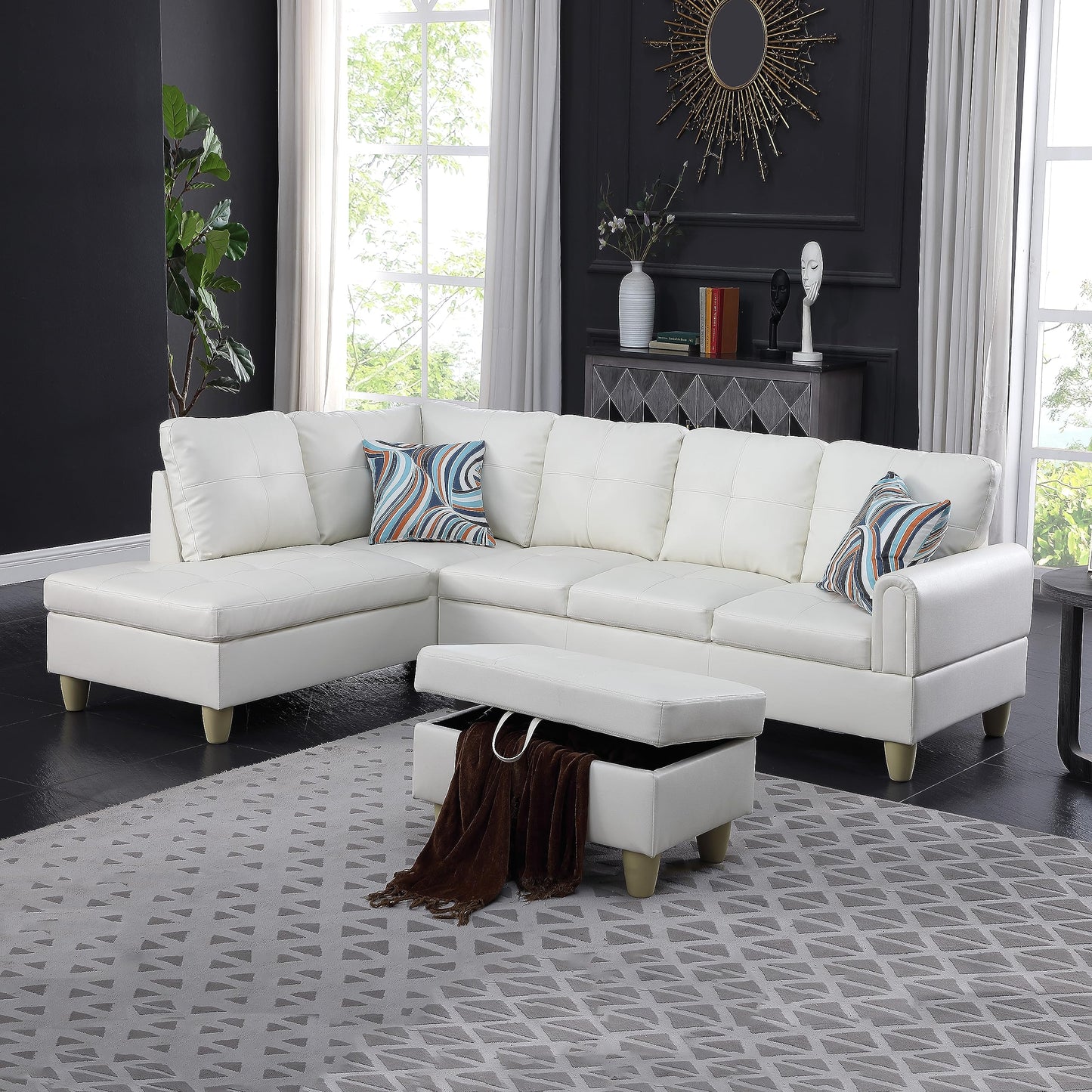 NicBex Couches for Living Room L Shaped Couch Upholstered Futon Sofa Comfy Faux Leather Modular Sofa 3-Piece Living Couch with Storage Ottoman for Apartments, Living Room and Office, White
