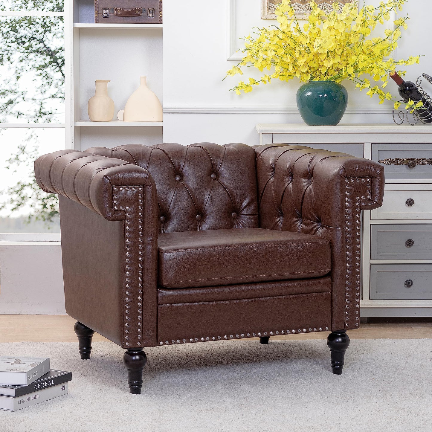 GDFStudio 39" Mid-Century Modern Sofa PU Leather Accent Couch with Rivet Trim, Deep Seat Single Sofa Chair with Rolled Arms, Solid Wood Legs, Vintage Couch for Living Room, Brown