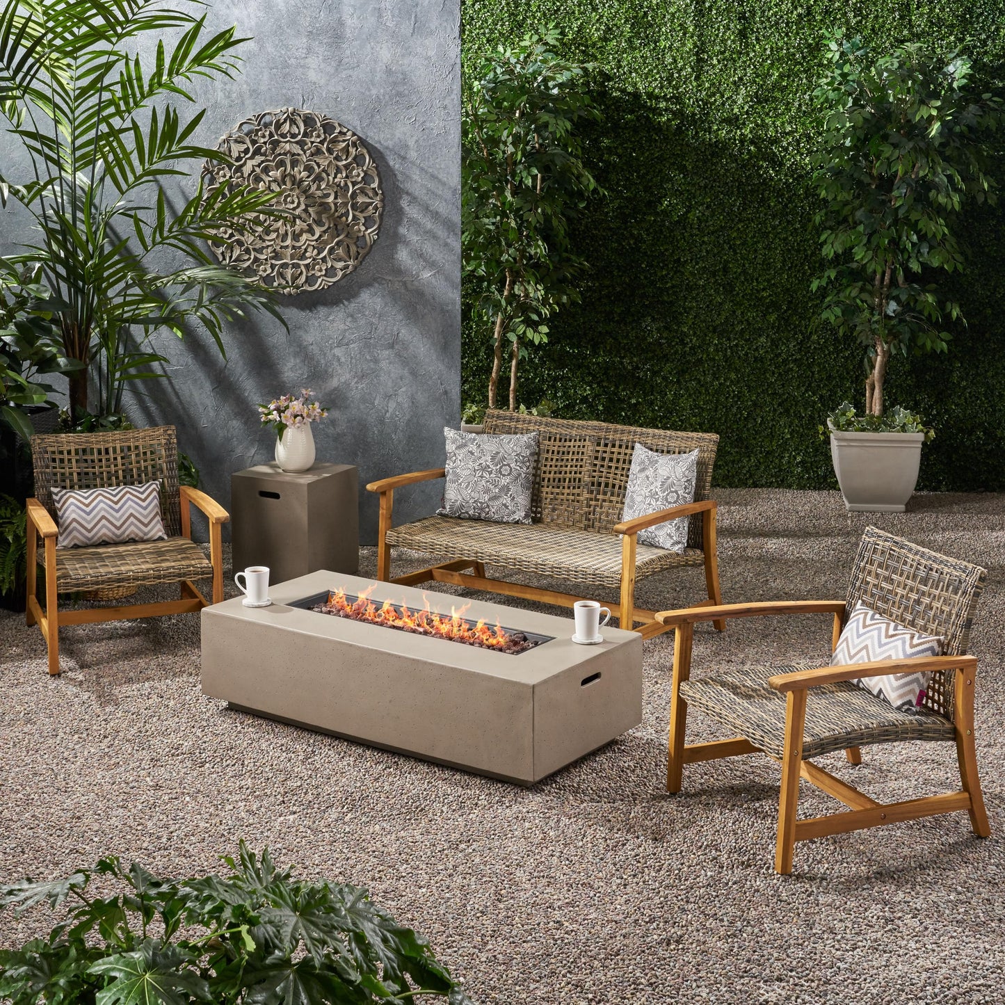 Christopher Knight Home Outdoor 5 Piece Acacia Wood and Wicker Conversation Set with Fire Pit, Gray and Light Gray
