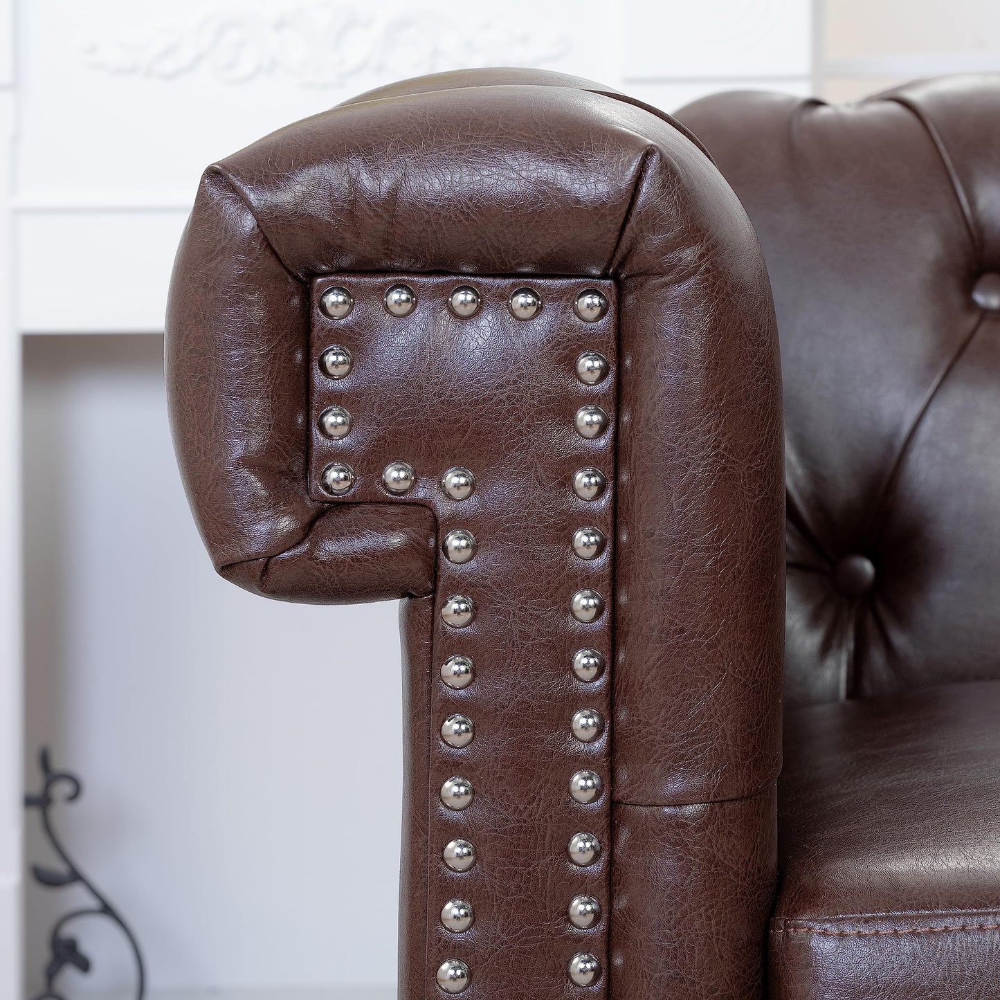 GDFStudio 39" Mid-Century Modern Sofa PU Leather Accent Couch with Rivet Trim, Deep Seat Single Sofa Chair with Rolled Arms, Solid Wood Legs, Vintage Couch for Living Room, Brown