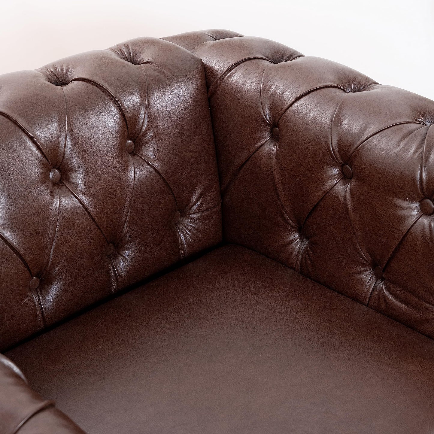 GDFStudio 39" Mid-Century Modern Sofa PU Leather Accent Couch with Rivet Trim, Deep Seat Single Sofa Chair with Rolled Arms, Solid Wood Legs, Vintage Couch for Living Room, Brown
