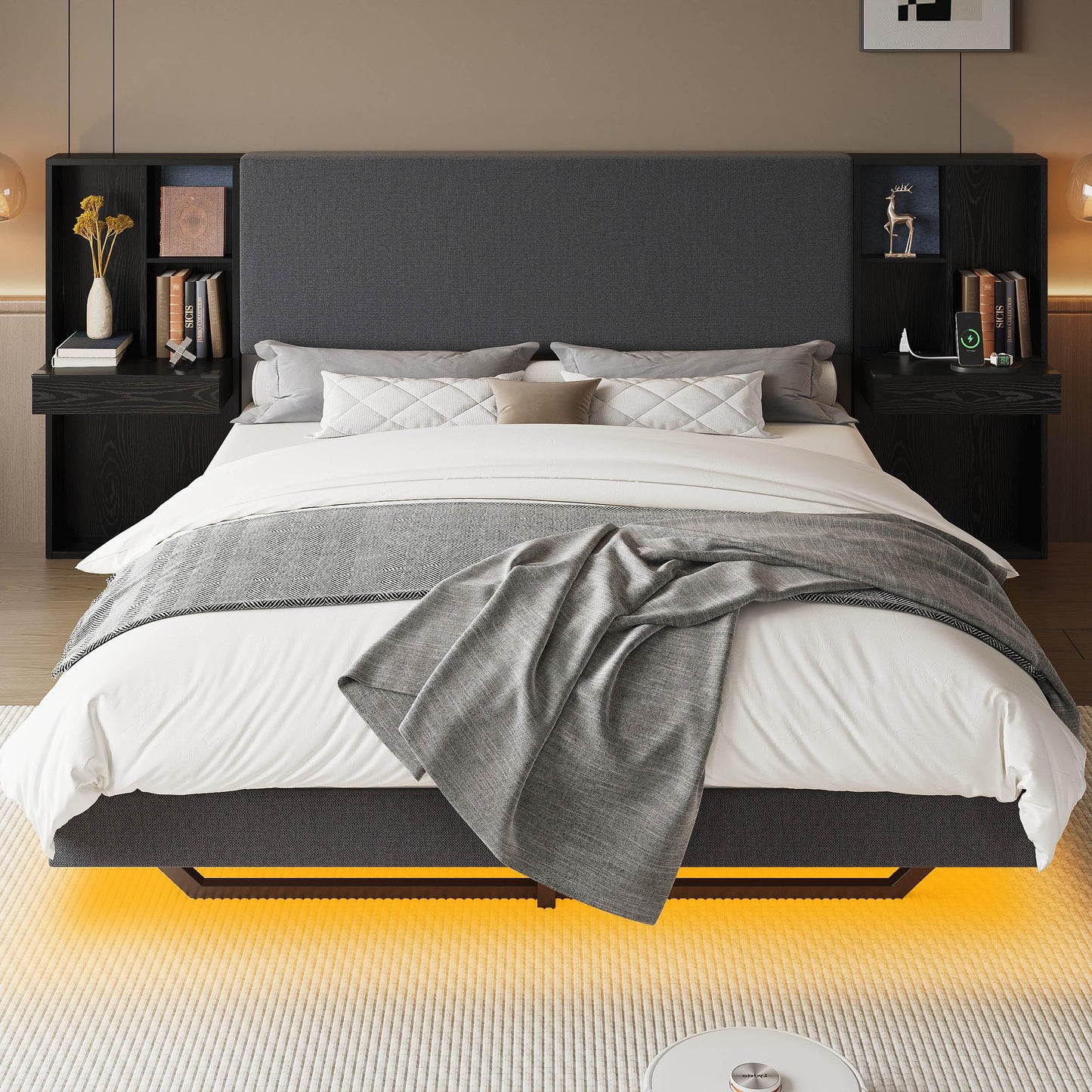 LIKIMIO Modern Queen Bed Frame with Built-in Bookcase Headboard, Floating Upholstered Platform Bed with Storage Shelves and LED Lighting, No Box Spring Needed, Dark Gray/Black