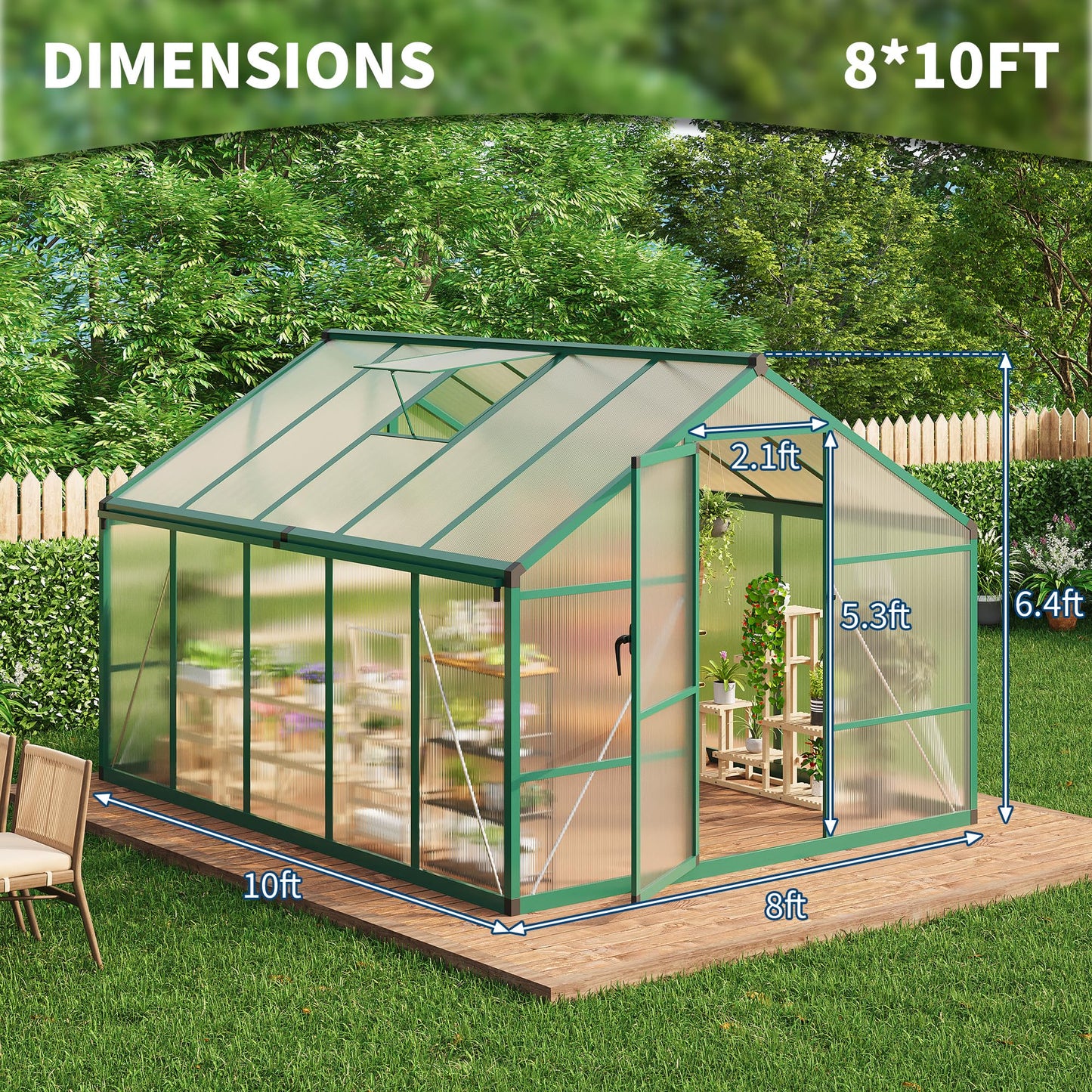 8x10 Ft Outdoor Greenhouses, Greenhouse Kit, Portablee Greenhouses with Ground Nails and Vent Windows, Sliding Lockable Door, Polycarbonate Green House for Outside Garden Backyard, Green