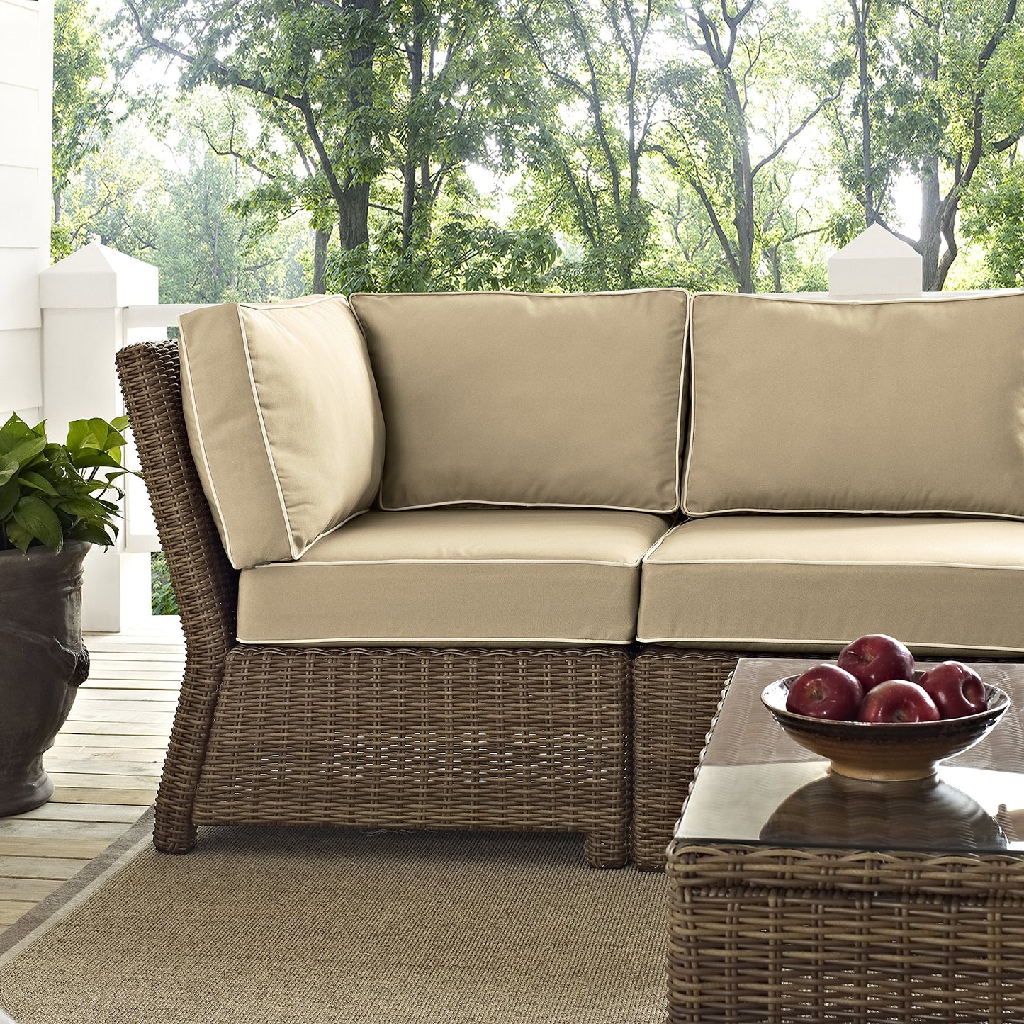 Crosley Furniture Bradenton 5-Piece Outdoor Sectional Sofa Wicker Conversation Patio Furniture Set for Deck, Brown with Sand Cushions