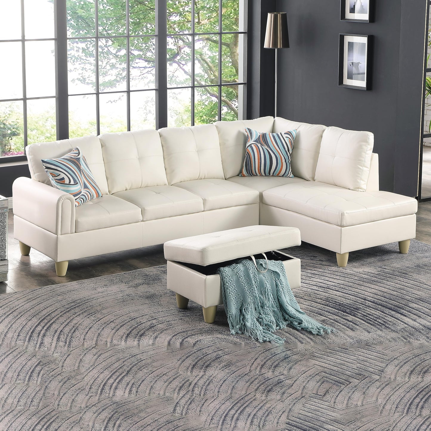 NicBex Couches for Living Room L Shaped Couch Upholstered Futon Sofa Comfy Faux Leather Modular Sofa 3-Piece Sofa Set with Storage Ottoman for Apartments, Living Room and Office, Peaerl White