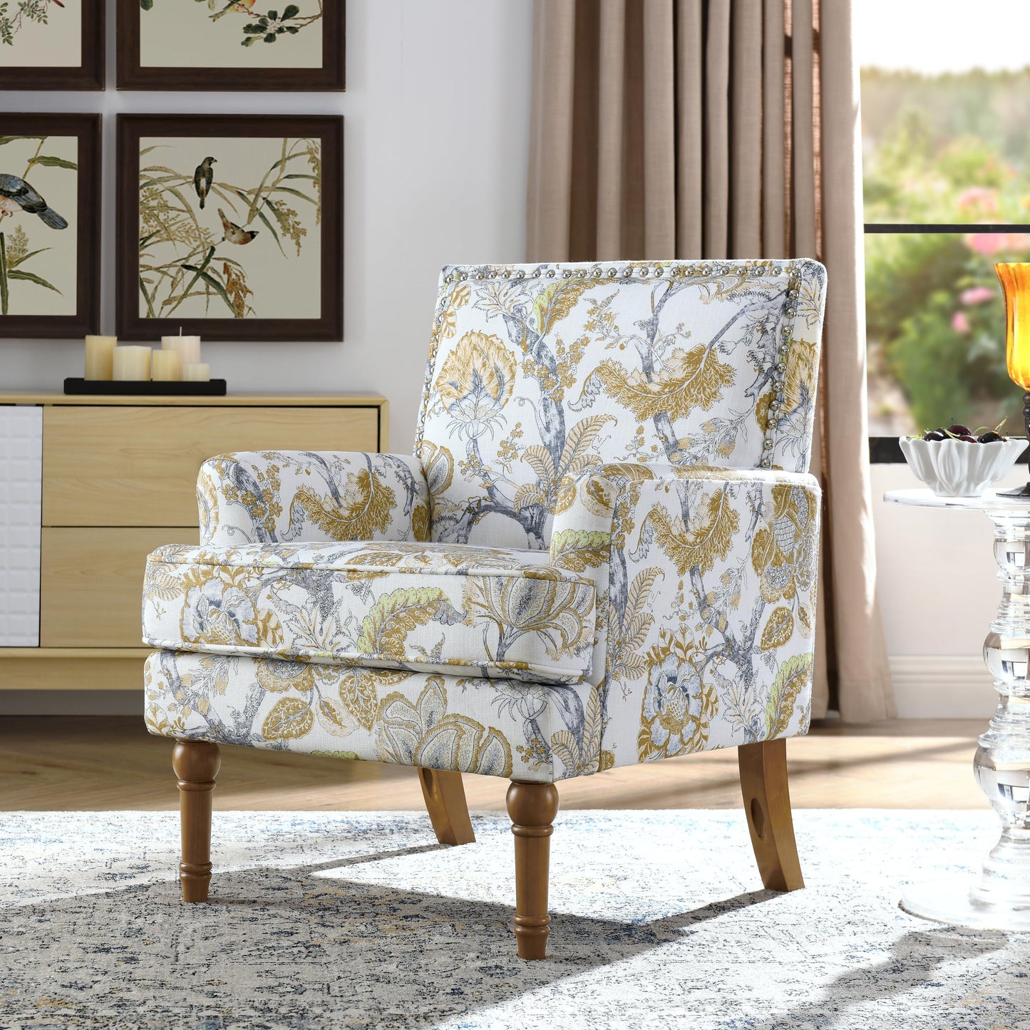 KEIKI Upholstered Accent Chair, Mid Century Armchair with Floral Pattern, Sofa Chair with Solid Wood Legs for Living Room, Bedroom (Earthy Yellow)