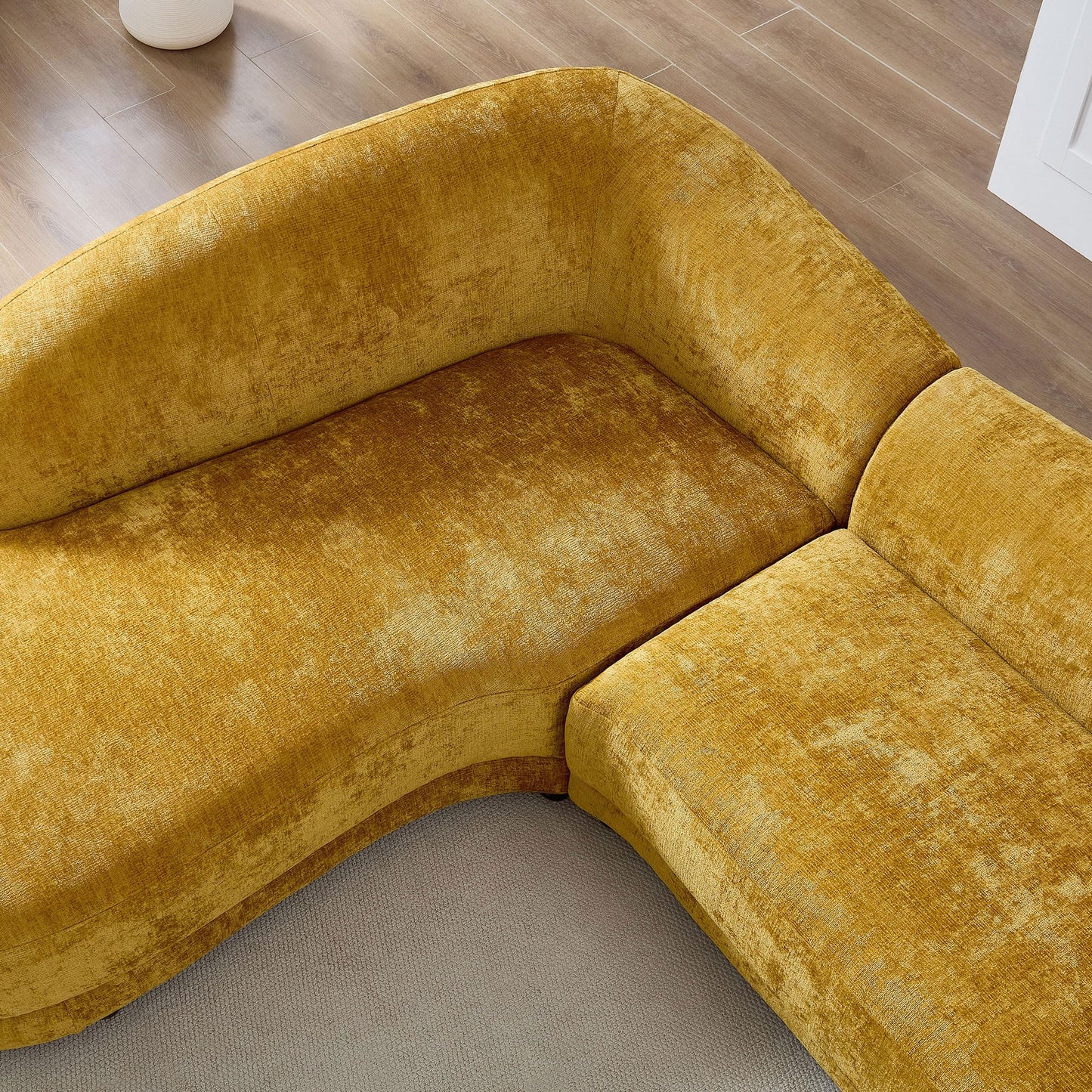 KEIKI 114" Luxury Curved Boucle Sectional Sofa with Left Chaise, Upholstered Mid-Century Oversized 5-Seater Couch with Thickened Seat Cushion, No Assembly Required, for Apartment, Living Room, Yellow
