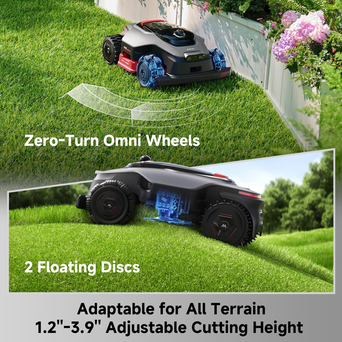 MOVA LiDAX Ultra 2000 AWD Robot Lawn Mower Wire Free RTK Free for up to 0.5 Acre*Dual Maps, 360° 3D LiDAR & AI Dual Vision Mapping, Robotic Mower with 4G, for 80% Slopes, Cutting Height 1.2”–3.9“