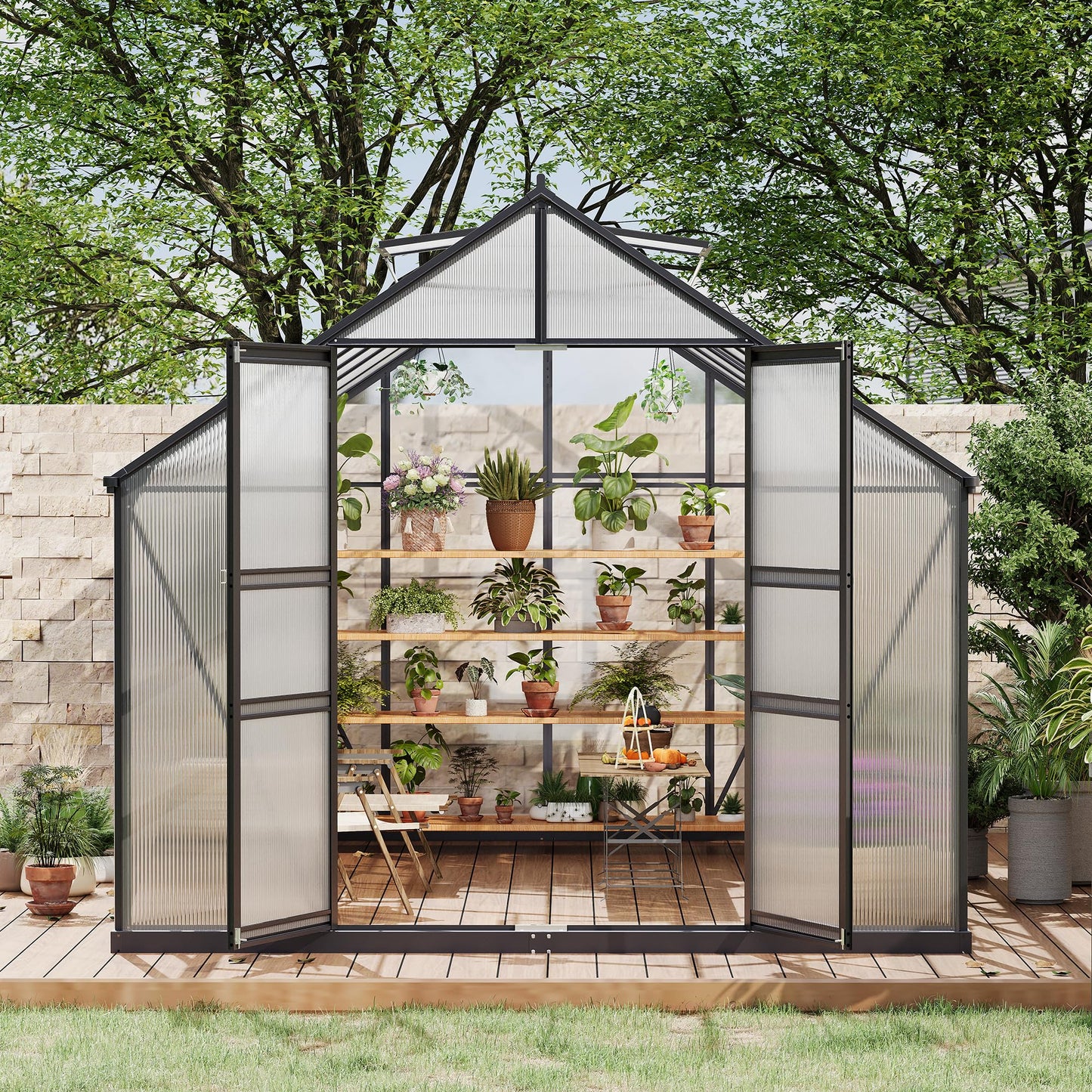 PeacefulHues Aluminum Frame with Polycarbonate Panel Outdoor Greenhouse - Large 8*12 FT Garden Greenhouse, Polycarbonate with Roof Vent, Quick Setup Aluminum Structure