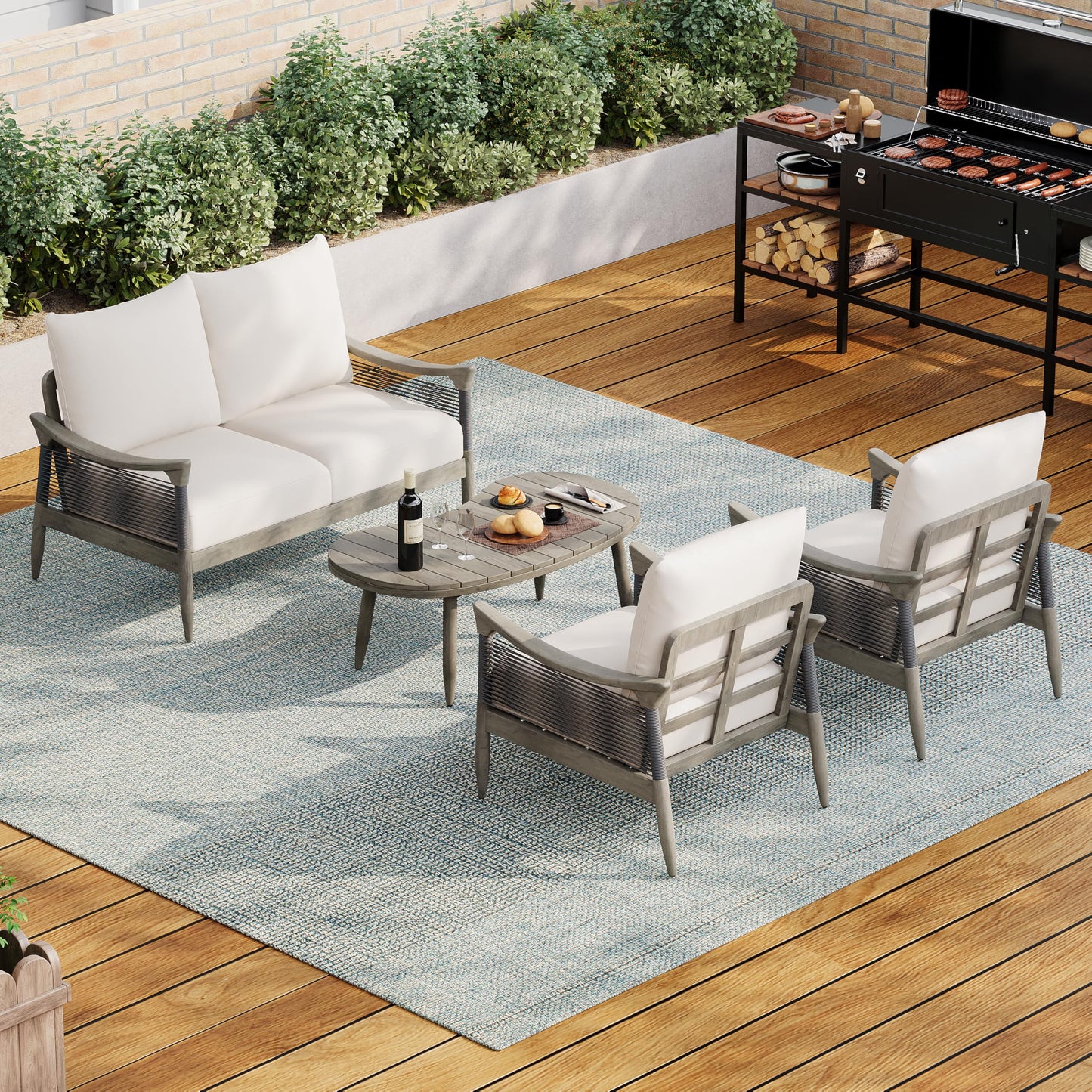 Christopher Knight Home Havets 4 Piece Patio Conversation Sets, Outdoor Acacia Wood Patio Seating Group,Woven Rope Loveseat Chairs with Cushions and Coffee Table for Porch Backyard Balcony, Gray+Beige