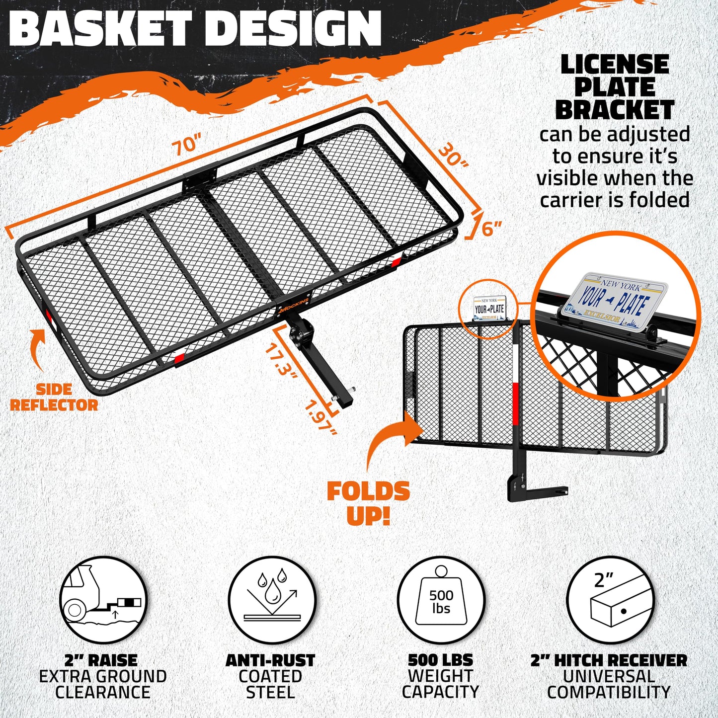 Mockins Folding Luggage Rack for SUV Car Truck ATV & More | 500 lb. Capacity XXL Steel Trailer Hitch Cargo Carrier 70"x30"x6" with Cargo Hitch Carrier Rack Accessories