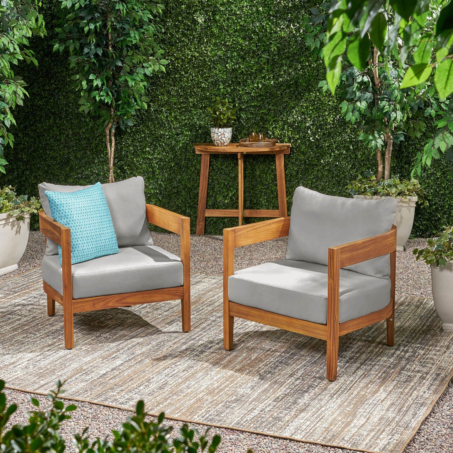Christopher Knight Home Nadine Acacia Wood Club Chairs Set of 2, Outdoor Accent Chair, Tub Shape Design Armchair, Comfort Cushion Seating, Slat Open Back Reading Sofa for Balcony Garden, Teak+Gray