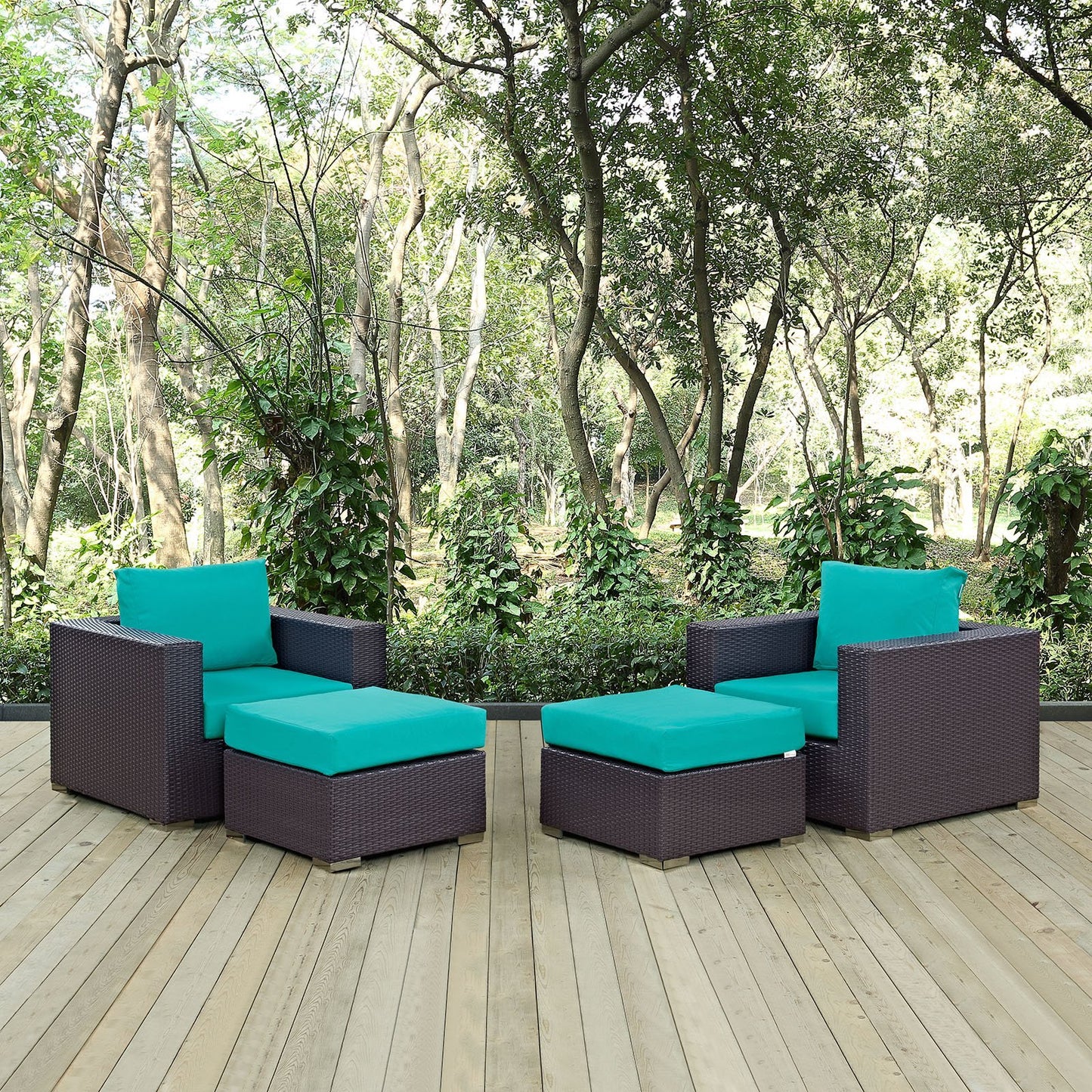 Modway Convene Wicker Rattan 4-Piece Outdoor Patio Furniture Set in Espresso Turquoise