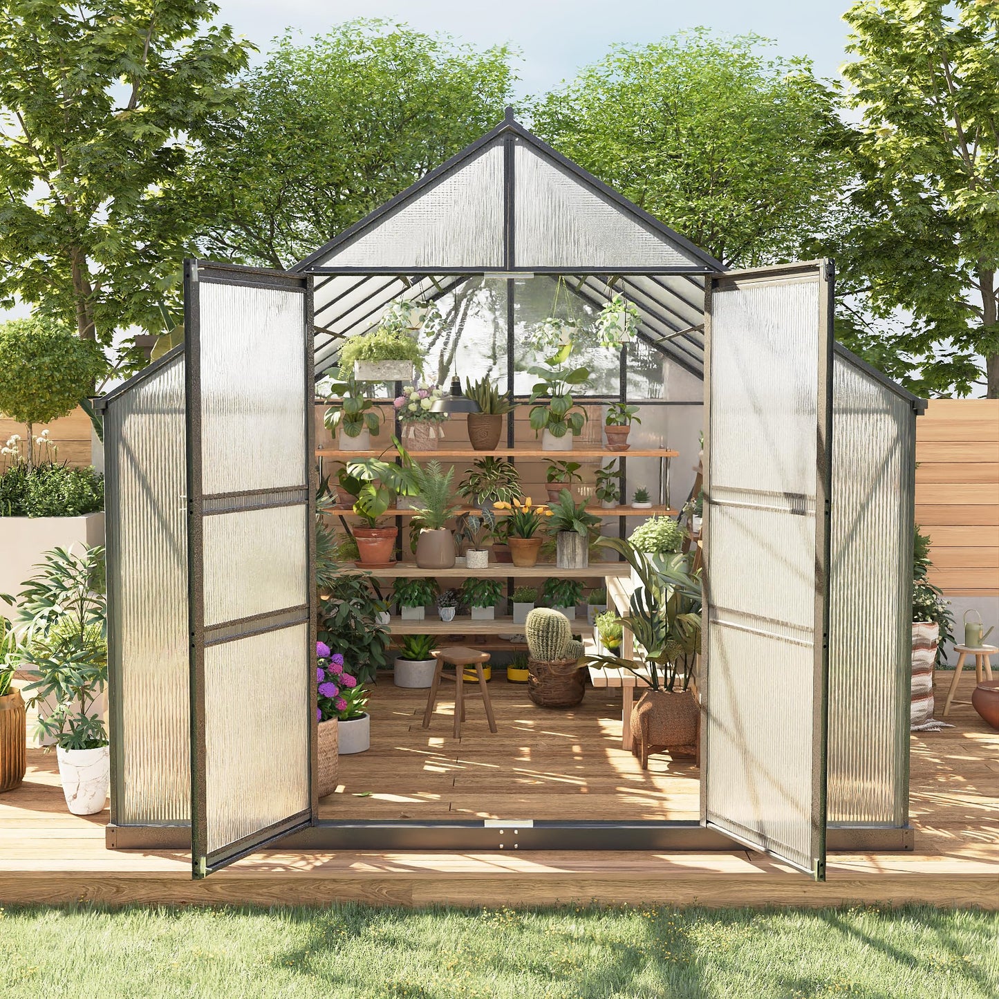 GarveeLife 8*12 ft Outdoor Walk-in Greenhouse, Polycarbonate Green House, Heavy Duty Greenhouse with Vented Roof Window, Windproof Aluminum Frame, Suitable for Outside Gardening, Backyard, Patio