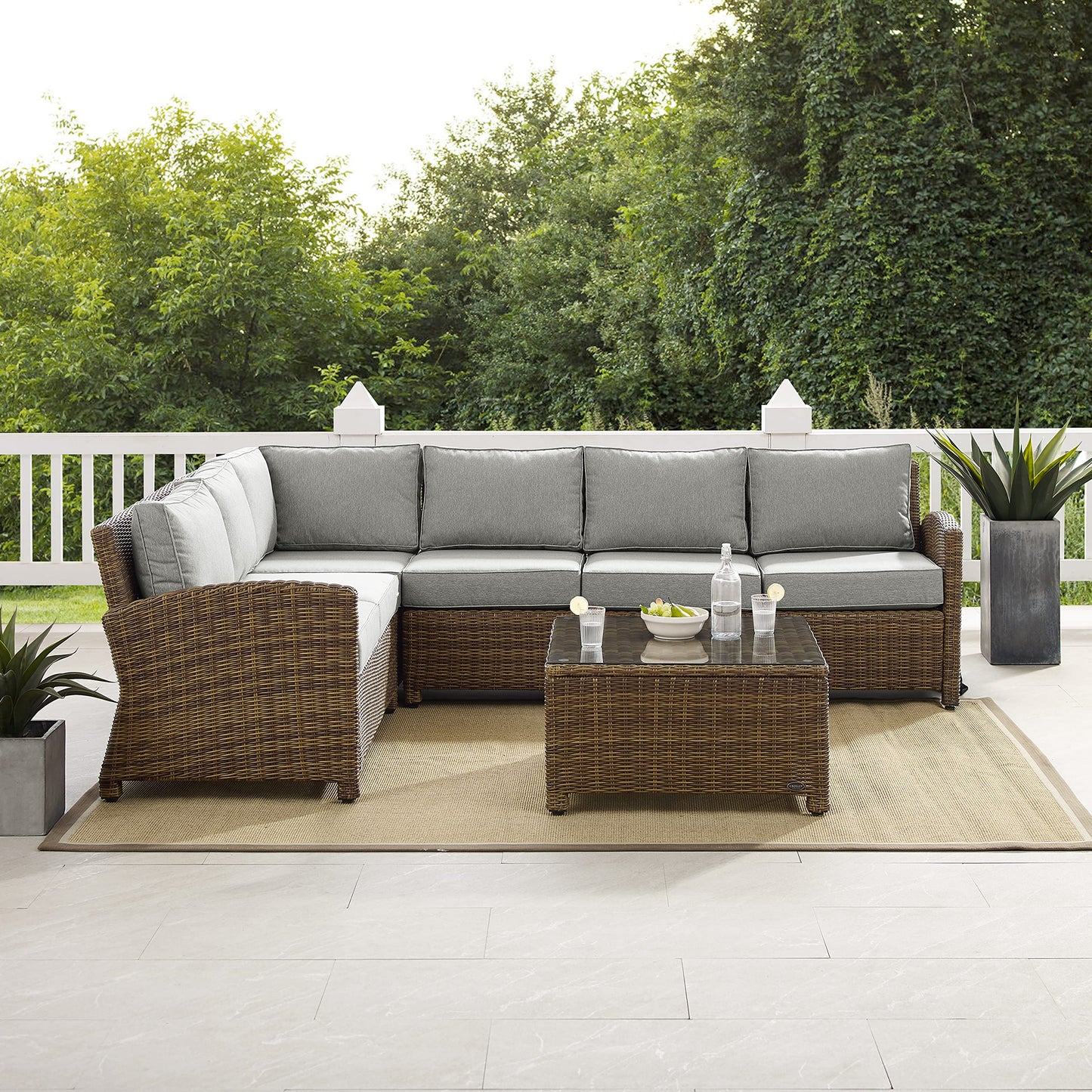Crosley Furniture Bradenton 5-Piece Outdoor Sectional Sofa Wicker Conversation Patio Furniture Set for Deck, Brown with Gray Cushions