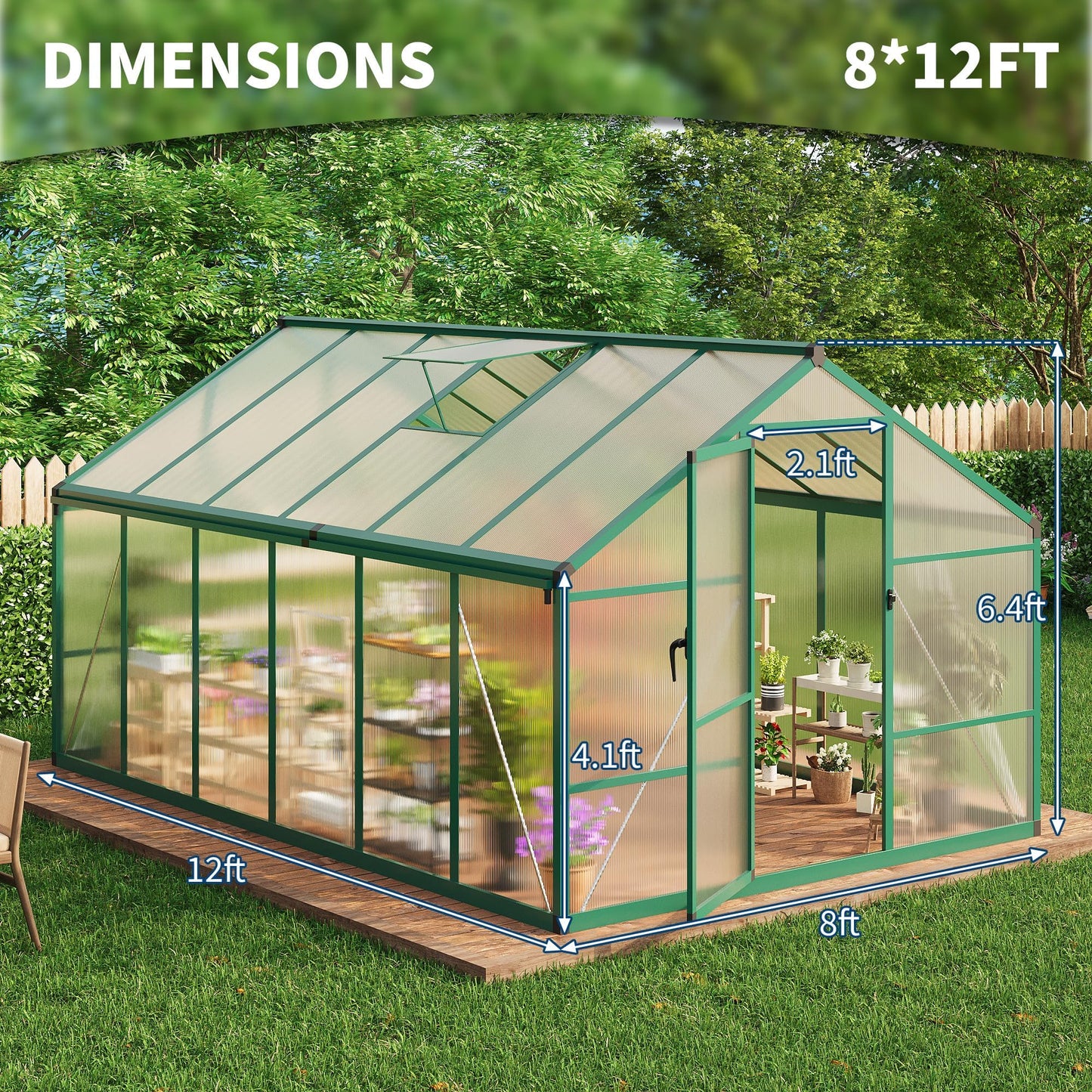8x12 FT Polycarbonate Greenhouse for Outdoors, Aluminum Frame Green House with Lockable Door, Adjustable Roof Vent and Rain Gutters for Backyard, Garden, Patio