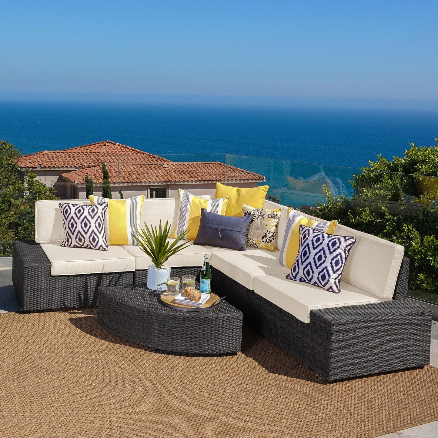 Christopher Knight Home Santa Cruz Outdoor Wicker Sectional Sofa Set with Water Resistant Cushions, 6-Pcs Set, Grey / White