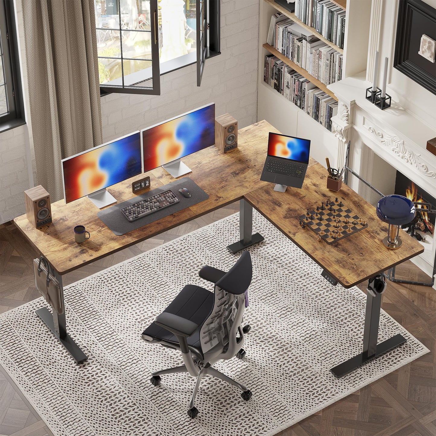 TIQLAB 75 x 61 inch L Shaped Standing Desk Adjustable Height, Electric Corner Standing Desk, Sit Stand Computer Table with Splice Board, Rustic Brown