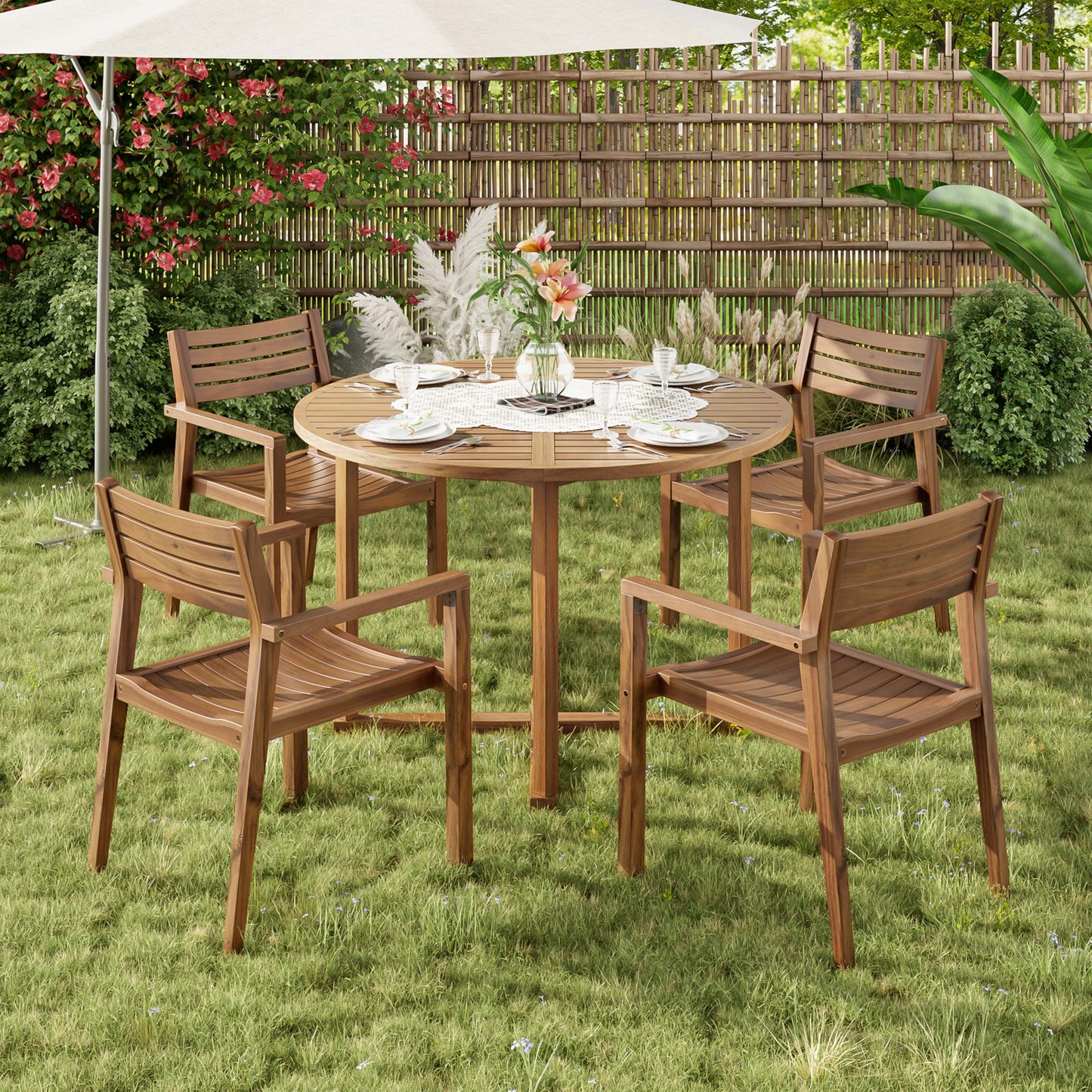 Merax 5-Piece Outdoor Dining Set for 4 People, Weather-Resistant Sturdy Acacia Wood Furniture Sets, 4 Chairs + 47.2" Round Dining Table, for Patios Garden Poolside Lawn, Natural