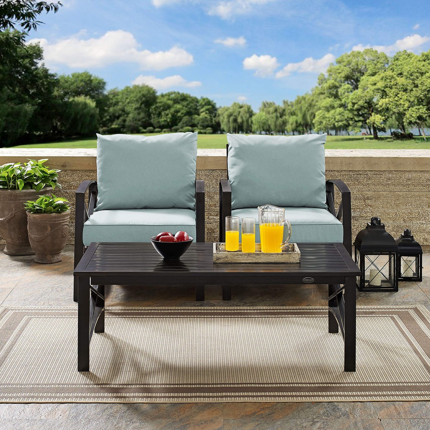 Crosley Furniture Kaplan 3-Piece Outdoor Chair and Coffee Table Set, Wicker Patio Conversation Sets for Deck, Oiled Bronze with Mist Cushions