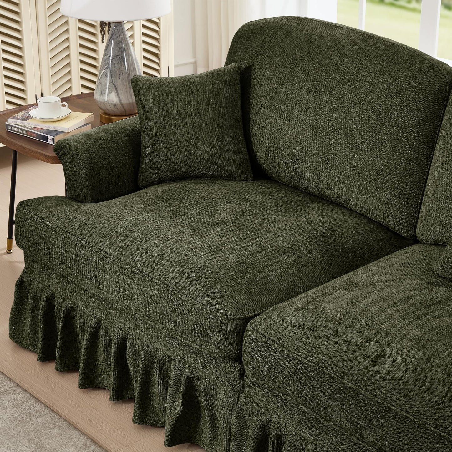 KEIKI Modular Sectional Sofa, 2 Seat Sofa Sets with Removable Ruffles Pleats Skirts, 2 Piece Modular Deep Seat Sofa for Living Room, Green