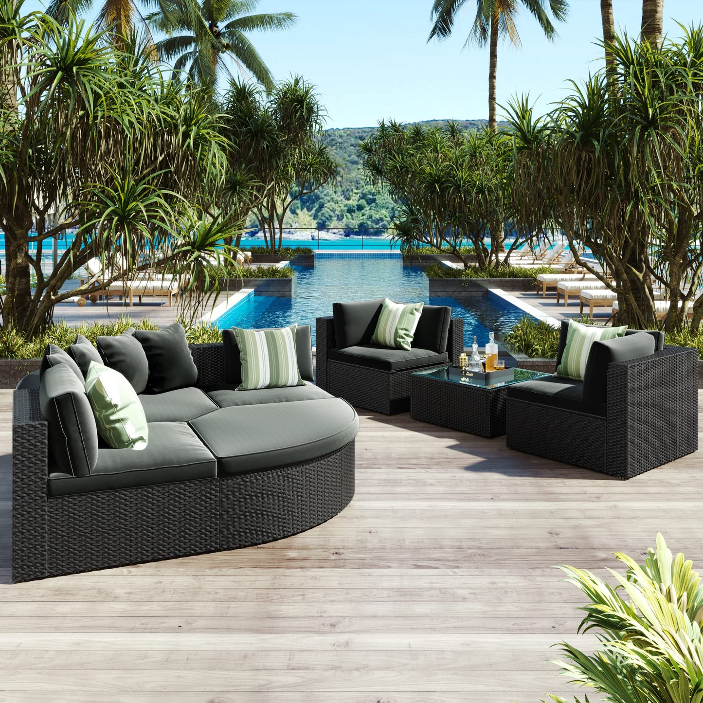 Merax 7 Pieces Outdoor Patio Furniture, 6 Seat Wicker Sectional Lounger Sofa Chair Set with Table, All Weather Rattan Conversation Sleeper Couch Bed Sets for Garden Poolside, Cushions & Pillows, Grey