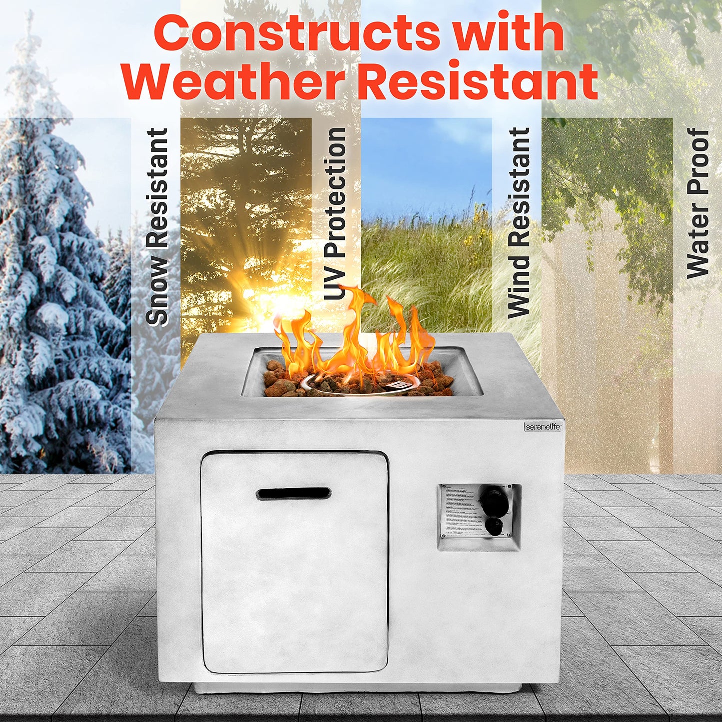 SerenelifeHome Outdoor Propane Fire Pit Table-CSA/ETL Certified Safe 40,000BTU Pulse Ignition Weatherproof Square Propane Gas Fire Table -Adjustable Flame,Thermocouple-PVC Cover, Lava Rock-SLFPCN42.5