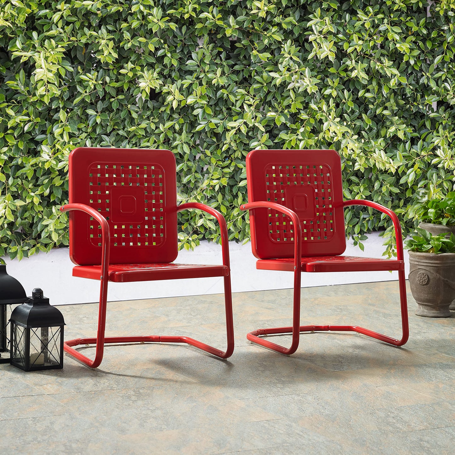 Crosley Furniture Bates 2-Piece Outdoor Chair Set, Retro Metal Patio Chairs for Dining, Porch, Deck, Balcony, Bright Red Gloss