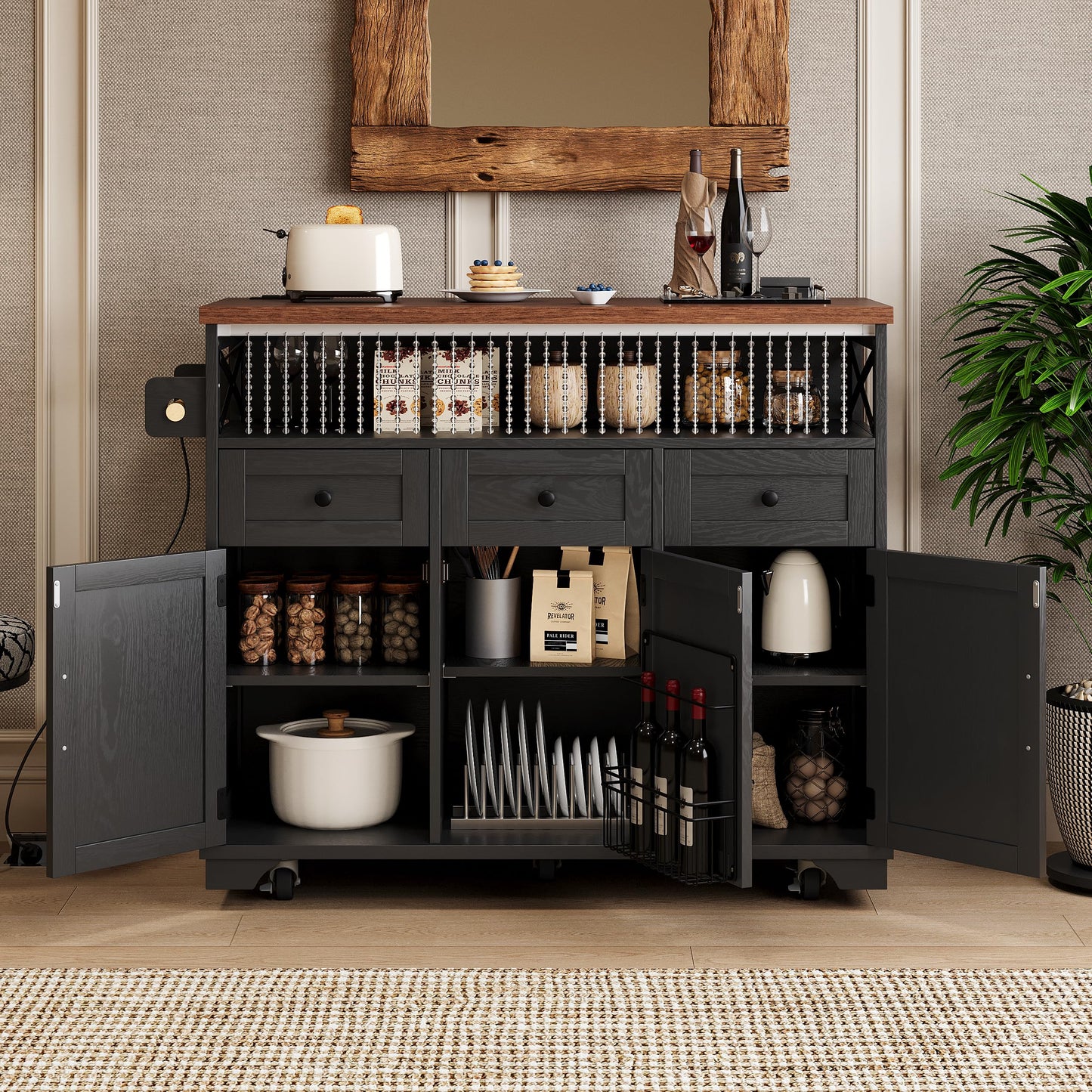 Merax Farmhouse Rolling Kitchen Island on Wheels with Drop Leaf & Power Outlet, Wood Kitchen Cart on Wheels with Drape of Beads, 3 Drawers & Adjustable Iron Shelves, 46.5'' Wide, Black