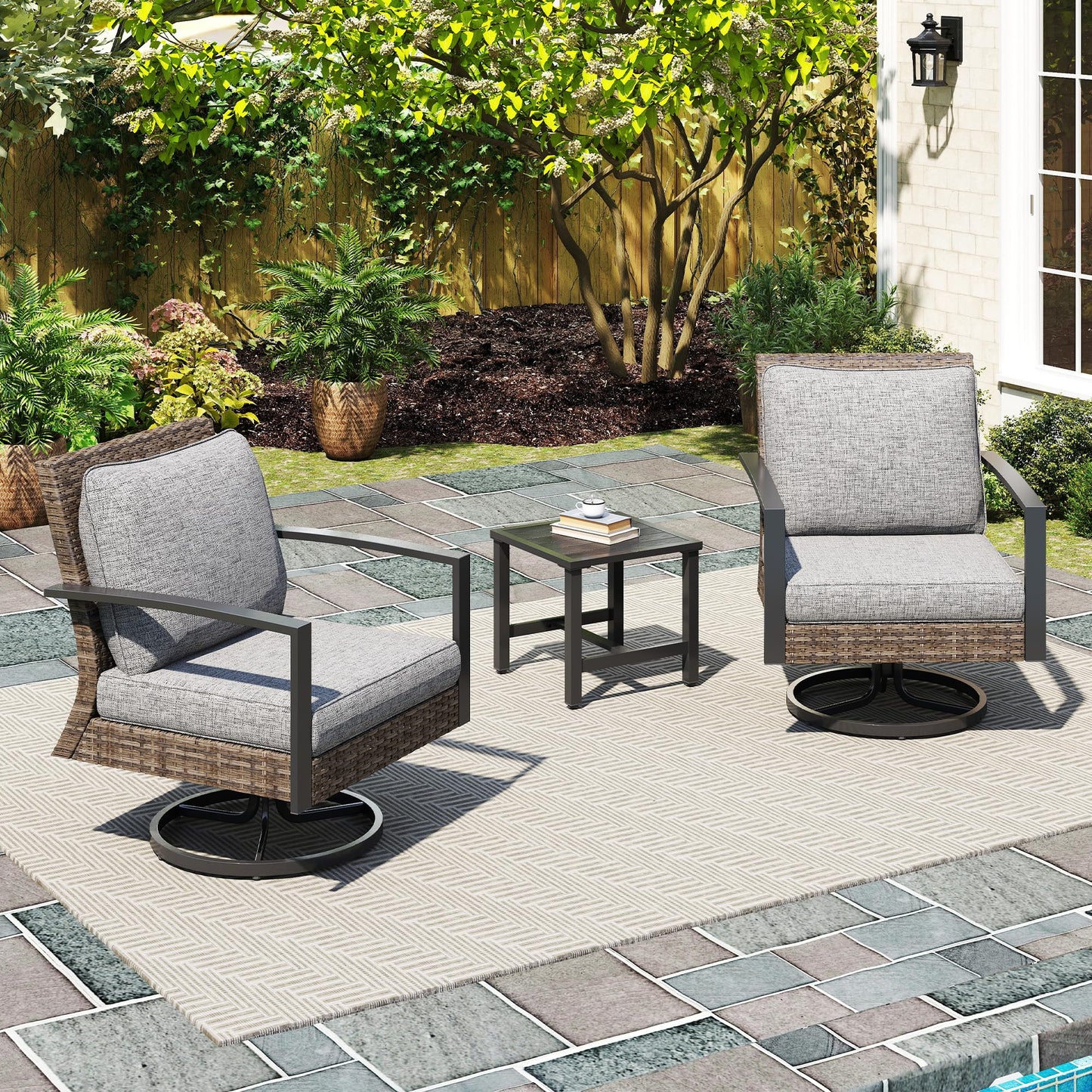 Green4ever 3-Pieces Patio Swivel Rocking Chairs Rocking with Sidetable, Metal Outdoor Rocking Chair, All Weather Rattan Patio Chairs for Porch, Bistro, Balcony, Grey