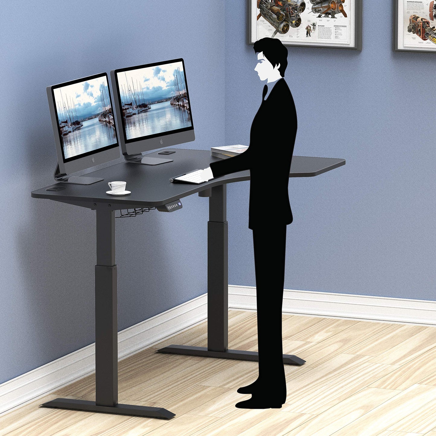 SHW 55-Inch Large Electric Height Adjustable L-Shaped Standing Desk with Right Facing Corner, Black