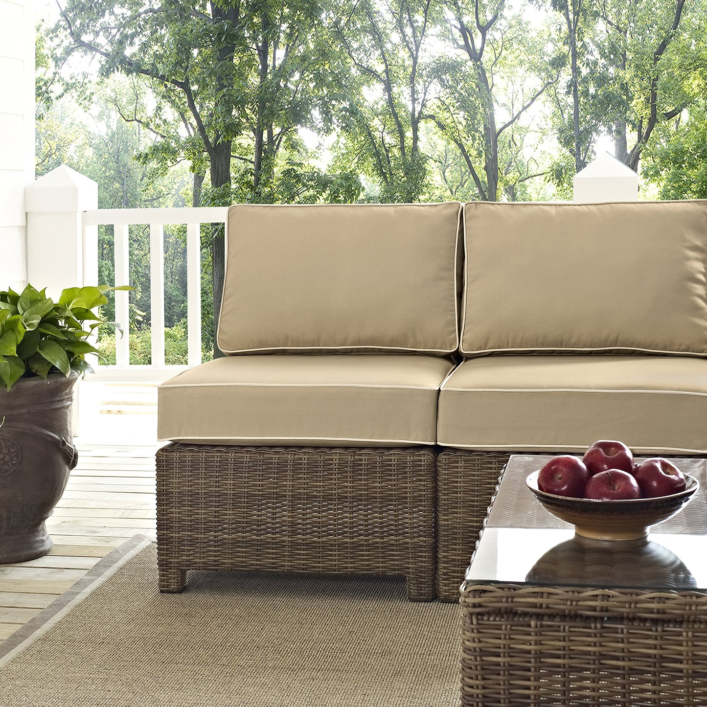 Crosley Furniture Bradenton 5-Piece Outdoor Sectional Sofa Wicker Conversation Patio Furniture Set for Deck, Brown with Sand Cushions