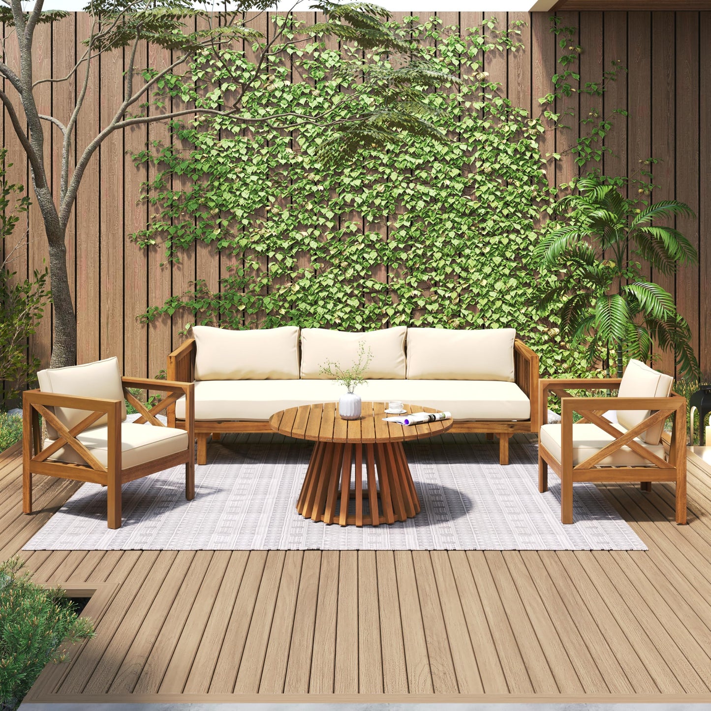 Merax Outdoor 4-Piece Acacia Wood Conversation Set - Patio 3-Seat Loveseat Sofa Daybed with Cushion, 2 Armchair and Round Coffee Table for Backyard, Lawn, Balcony, Teak + Beige