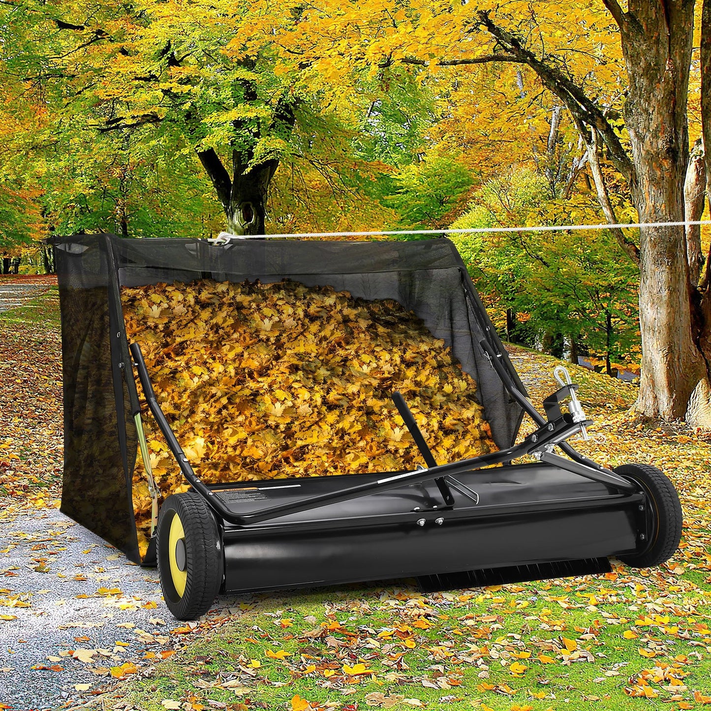 52" Heavy Duty Tow Behind Lawn Sweeper - 26 Cu.ft Hopper, Adjustable Sweeping Height, Pull Behind Yard Sweeper for Leaves, Grass & Debris, Compatible with Riding Mowers, Tractors, ATVs, Black