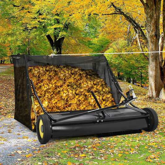 52" Heavy Duty Tow Behind Lawn Sweeper - 26 Cu.ft Hopper, Adjustable Sweeping Height, Pull Behind Yard Sweeper for Leaves, Grass & Debris, Compatible with Riding Mowers, Tractors, ATVs, Black