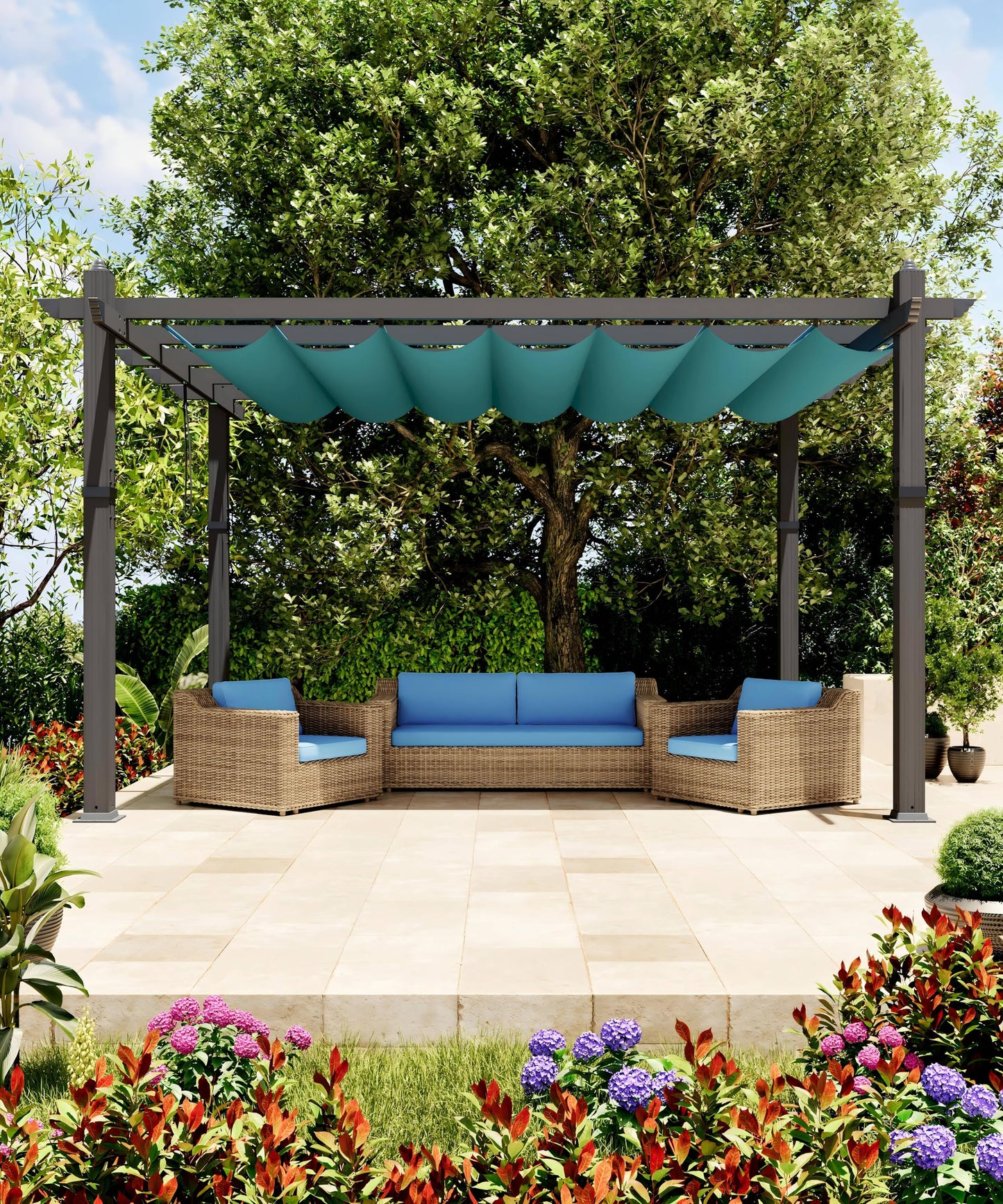 GarveeLife 10x13 ft Aluminum Pergola, Outdoor Metal Pergola with Adjustable Canopy, Reinforced Frame Outdoor Shelter for Backyard, Garden and Deck - Blue