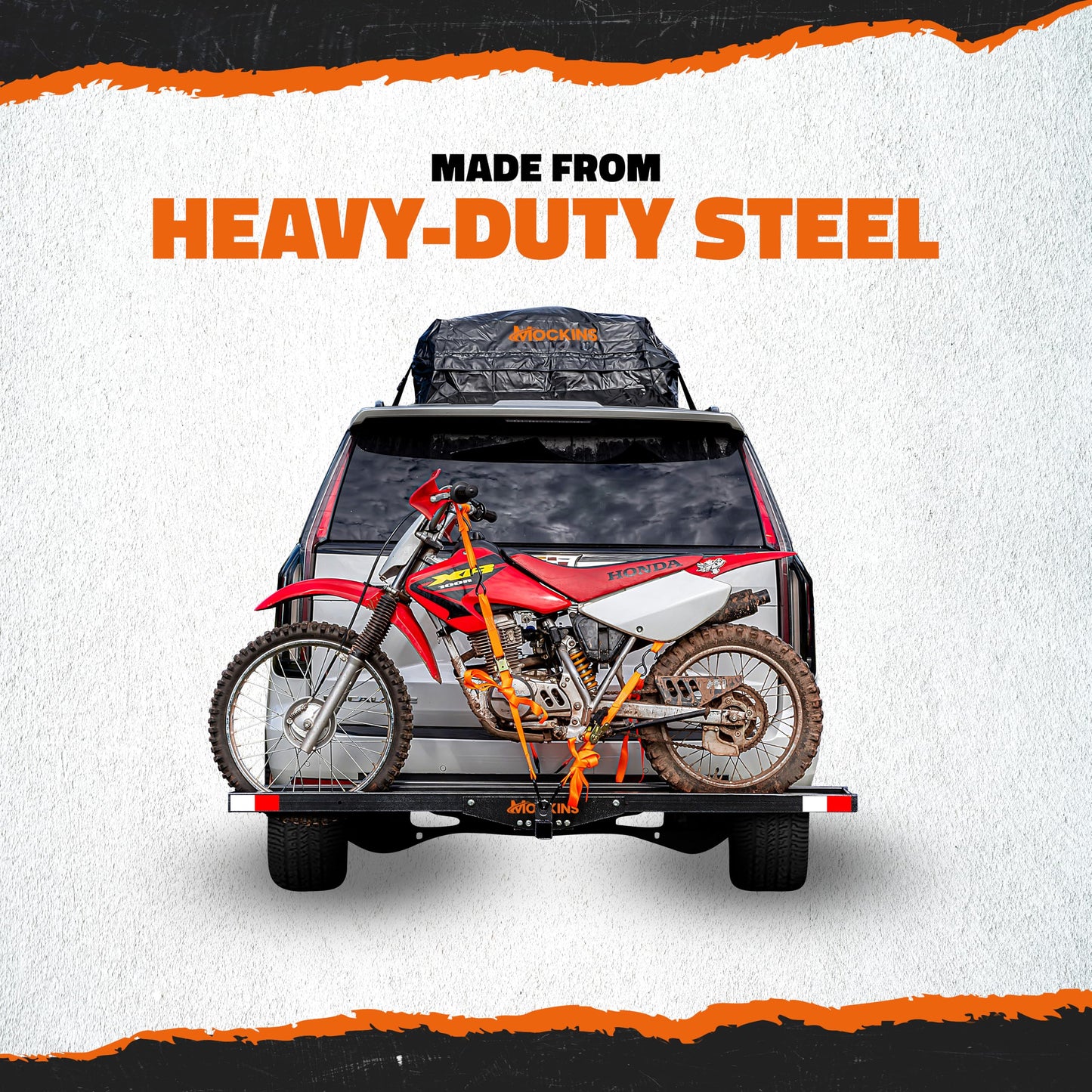Mockins 500 lbs Capacity Motorcycle Hitch Carrier w/Loading Ramp | 73" Heavy Duty Steel Fat Tire eBike Rack & Dirt Bike Rack for Car Hitch 2" Receivers | Weatherproof Motorcycle Carrier Set