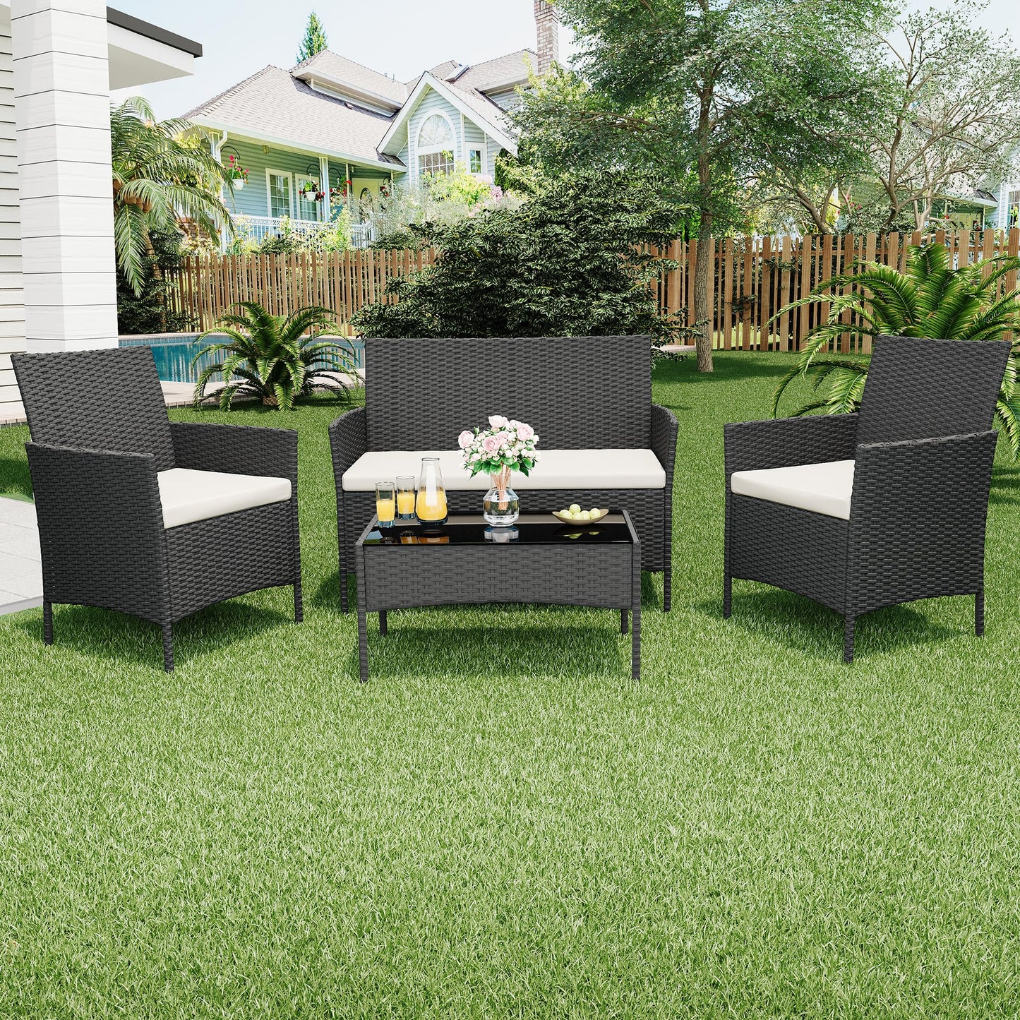 GarveeLife 4-Piece Patio Furniture Set, Rattan Outdoor Furniture with Upholstered Sofa, 2 Chairs & Coffee Table, Modern Conversation Bistro Set for Garden Backyard Porch (Black and Beige)