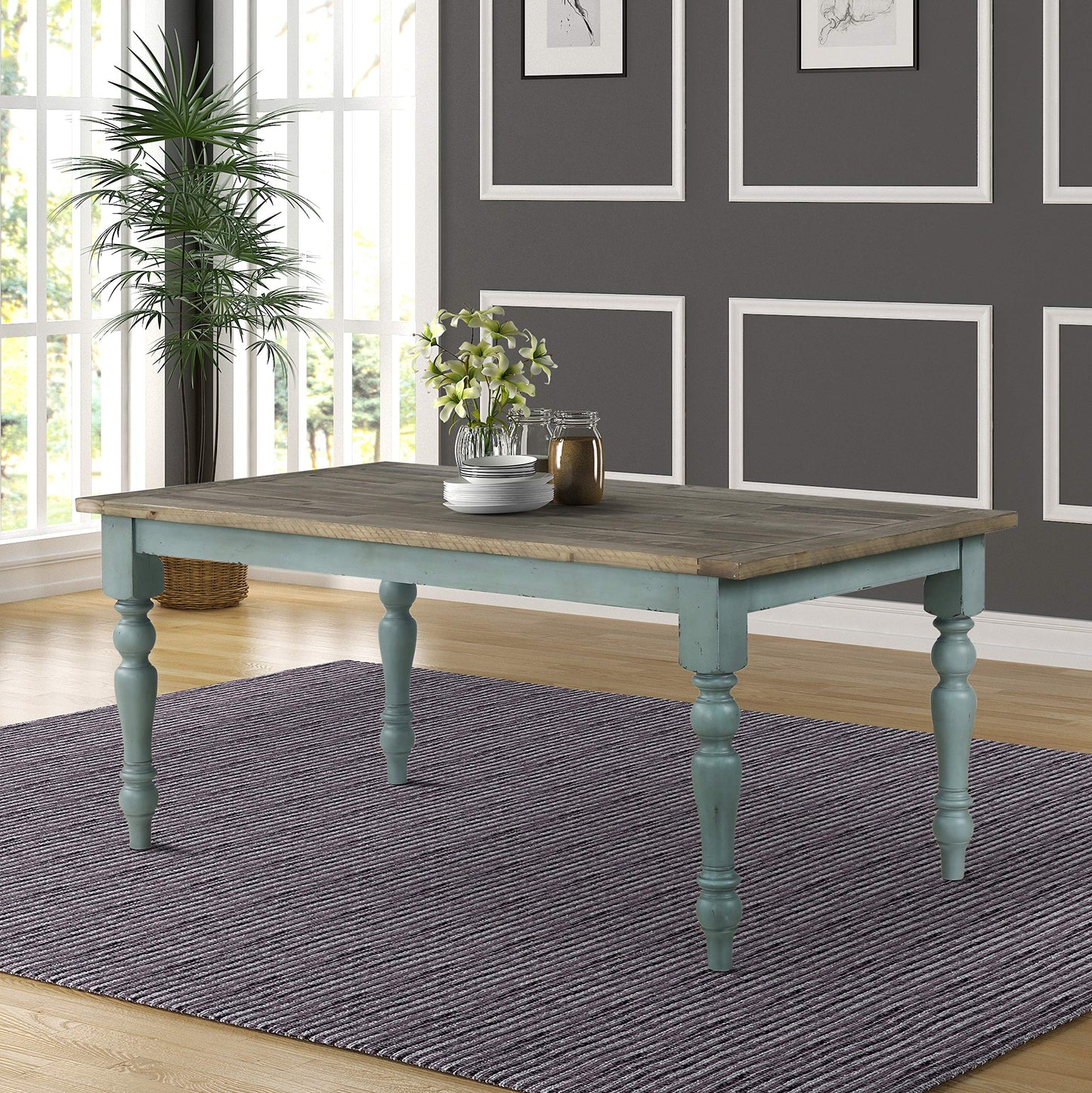 Roundhill Furniture Prato Two-Tone Finish Wood Dining Table, Blue and Brown